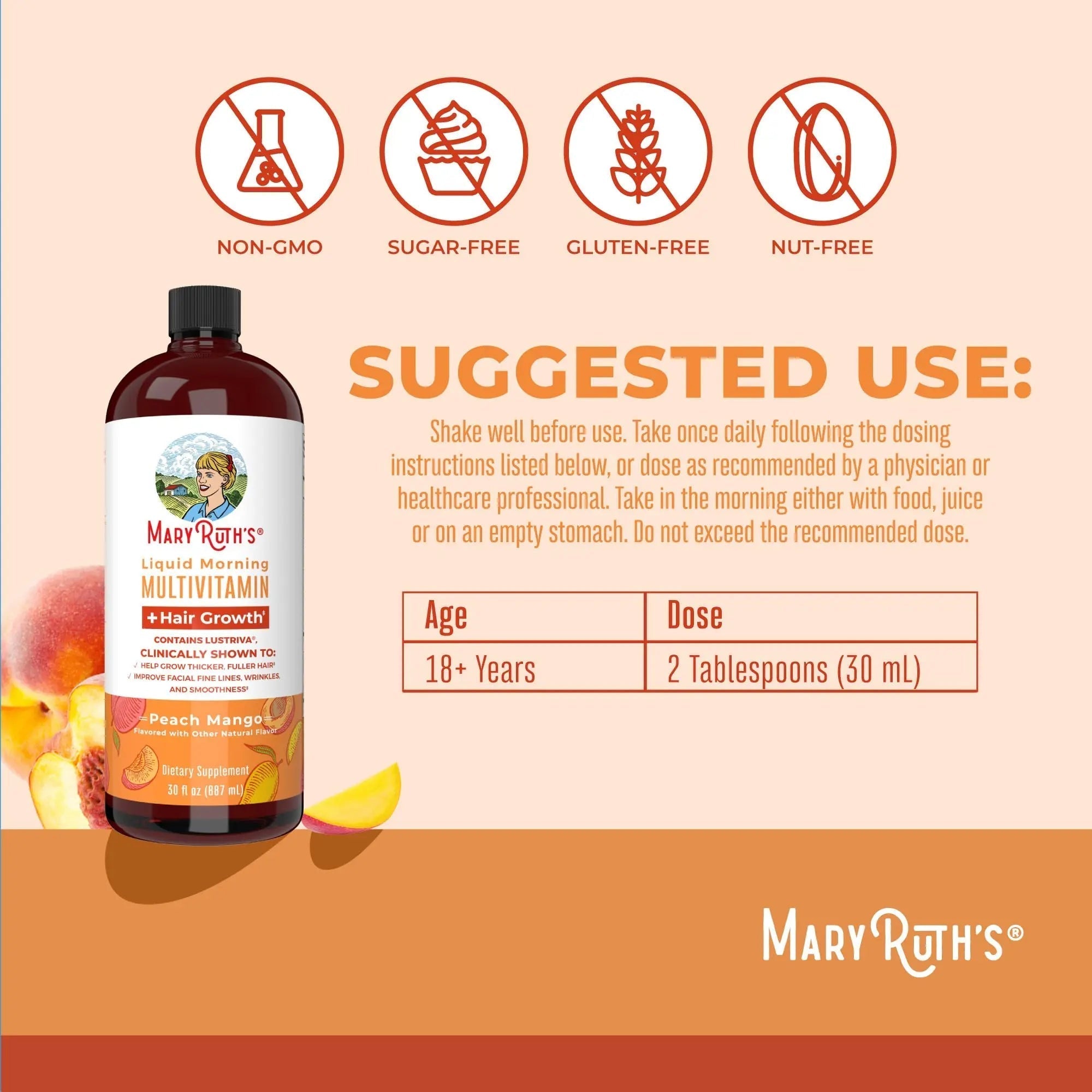 MaryRuth's MaryRuth's Liquid Morning Multivitamin +Hair Growth (Peach Mango, 30oz) & Iron Liquid (Berry) | Clean Label Project Verified® | MARYRUTH'S Au supplements