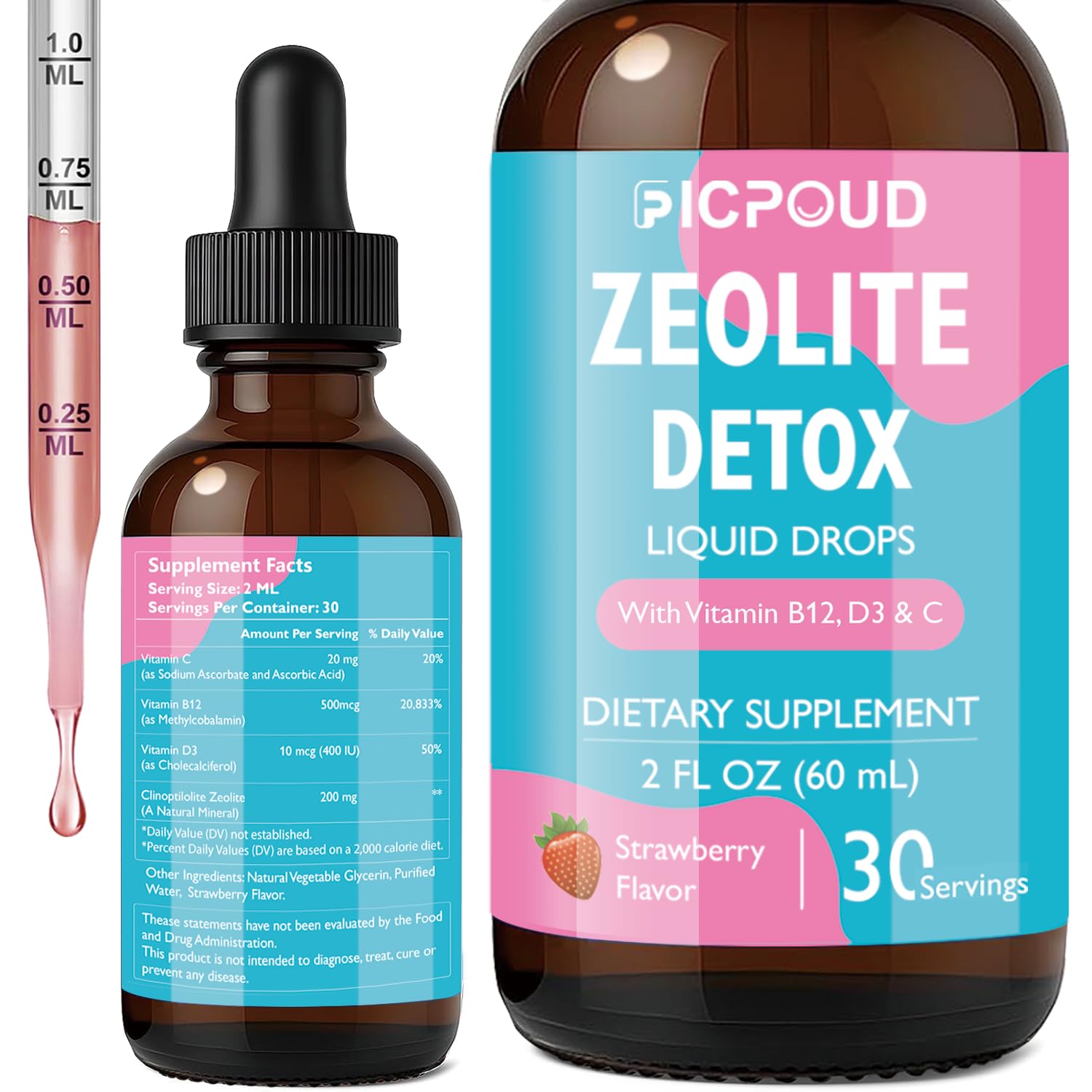 Ficpoud Zeolite Detox for Kids & Adults – Pure Zeolite clinoptilolite Liquid Drops with Vitamin B12, C & D3 – Gentle Daily Cleanse for Gut, Immune, Energy & Speech Support, Strawberry Flavor, 2 Fl Oz Ficpoud Au supplements