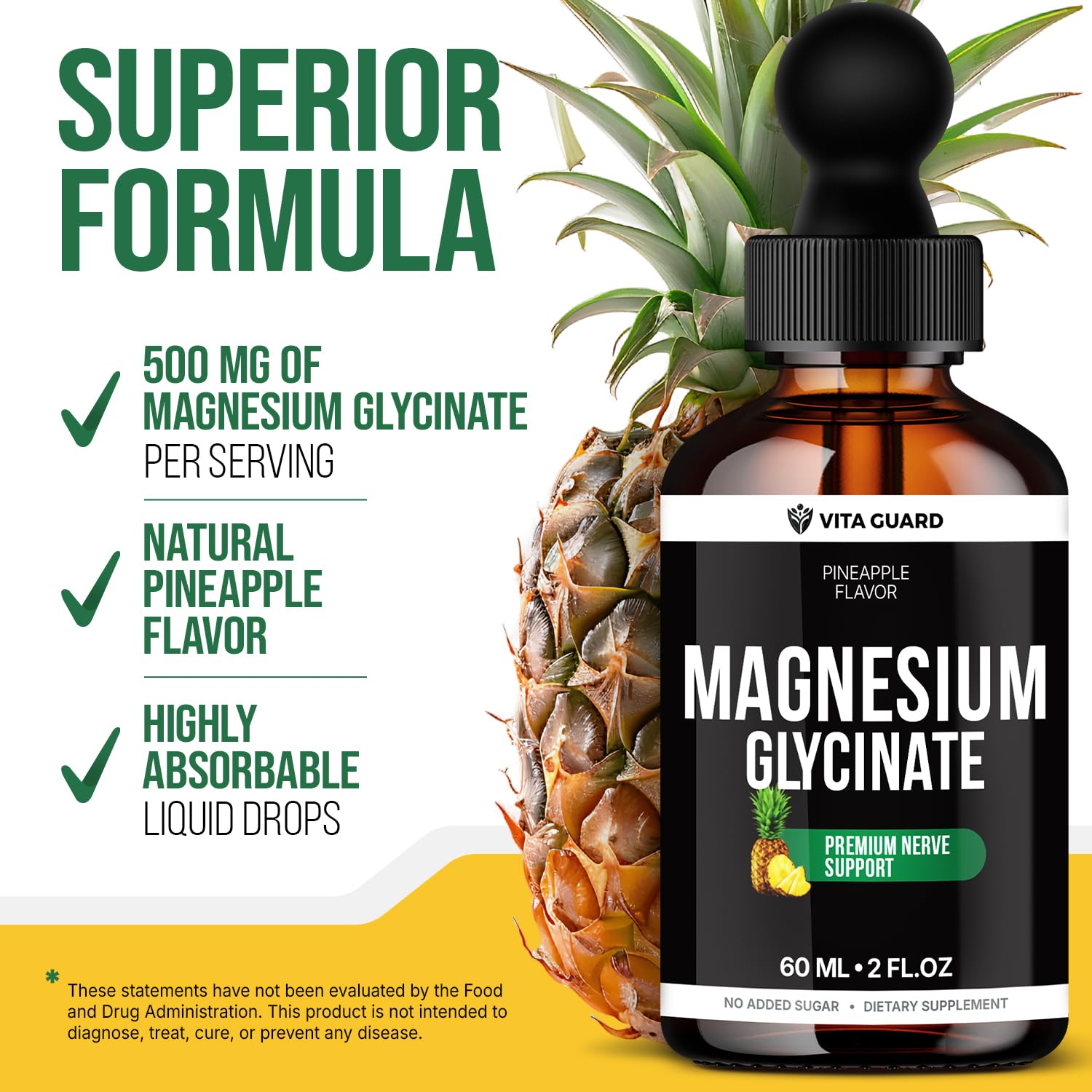 Magnesium Glycinate 500mg Liquid Drops – Sugar-Free Magnesium Supplement, Vegan Formula, 60 mL Flavor Pineapple Vita Guard Au supplements