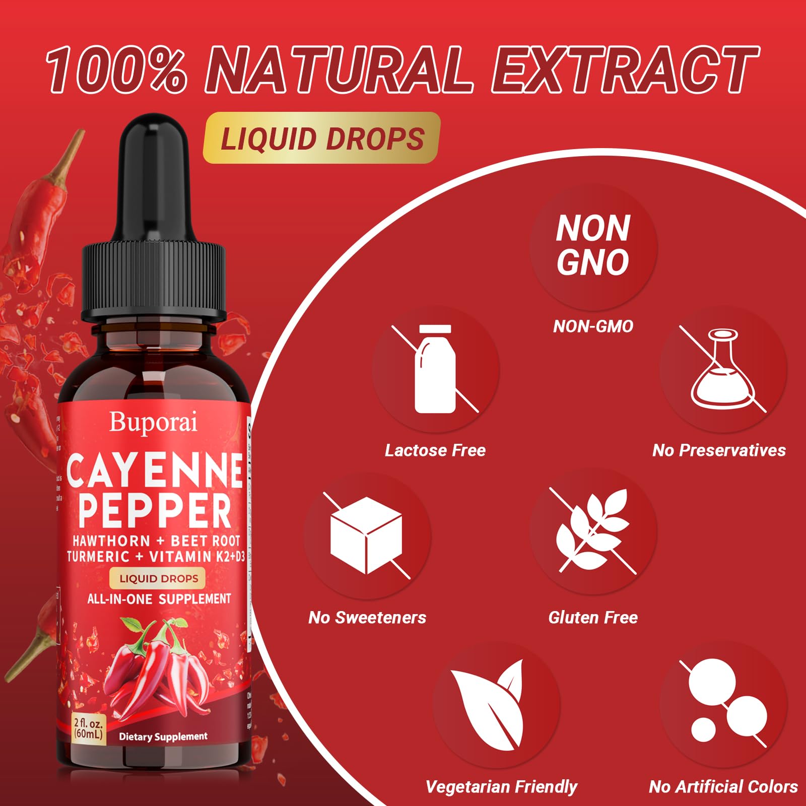Buporai Cayenne Pepper Drops, Cayenne Pepper Extract Liquid Supplement for Overall Well-Being, 2 fl oz, Vitamin D3 K2 Beet Root Powder Buporai Au supplements