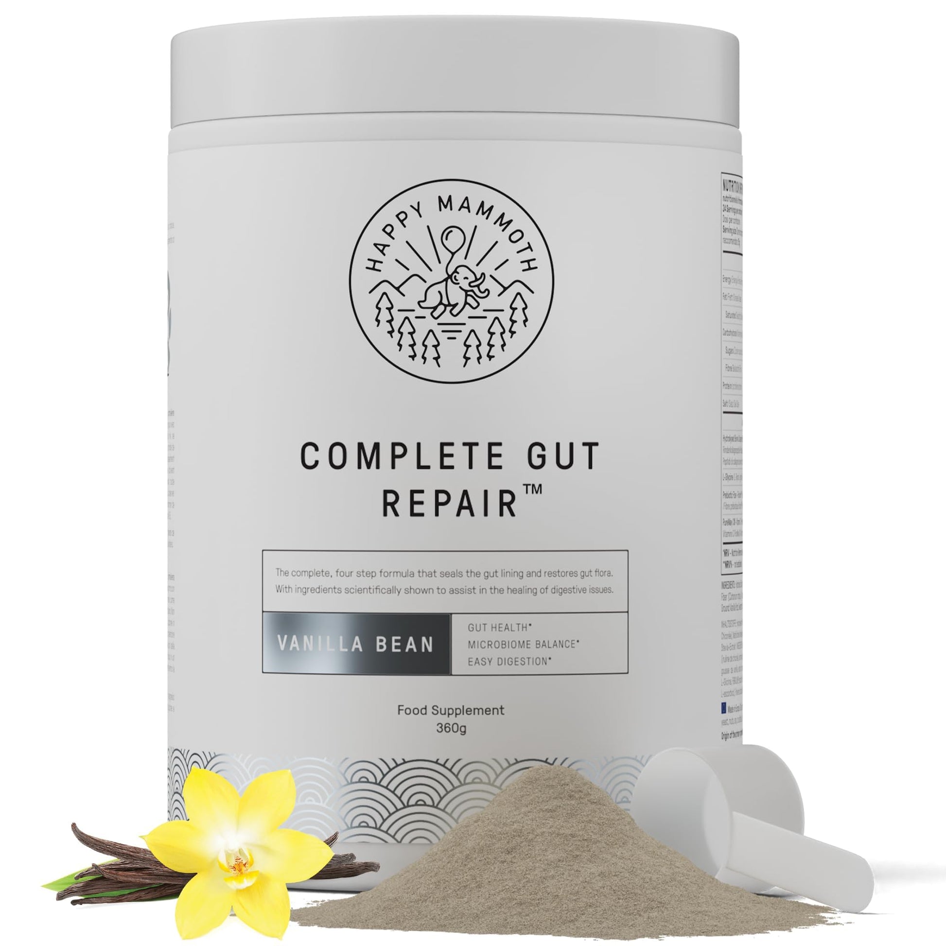 Happy Mammoth Complete Gut Repair Probiotic, Prebiotic, Fiber & Collagen Supplement for Gut Health, Digestion, Healthy Gut Microbiome, Reduces Constipation & Bloating 24 Servings, Vanilla Flavor Happy Mammoth Au supplements