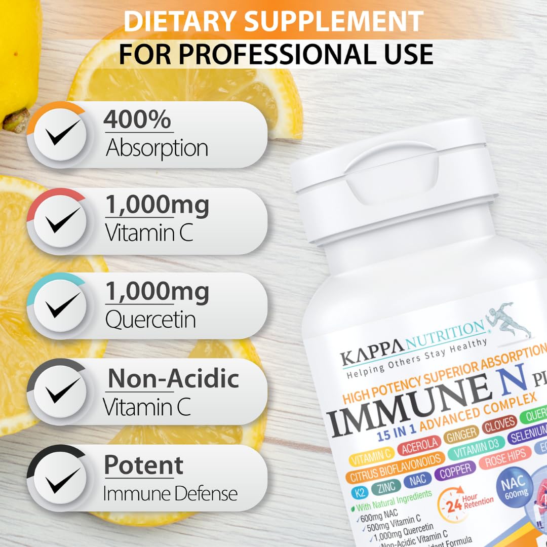 (90 Capsules), NAC 600mg, Quercetin 1,000mg, Vitamin C 500mg, Zinc 50mg, Vitamin D3 5,000iu, Selenium, Copper, Acerola, Ginger, Rutin, Citrus Bioflavonoids, Rose Hips, Echinacea, Immune N Plus 15 in 1 KAPPA NUTRITIONAu supplements