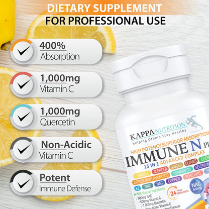 (60 Capsules), NAC 600mg, Quercetin 1,000mg, Vitamin C 500mg, Zinc 50mg, Vitamin D3 5,000iu, Selenium, Copper, Acerola, Ginger, Rutin, Citrus Bioflavonoids, Rose Hips, Echinacea, Immune N Plus 15 in 1 KAPPA NUTRITIONAu supplements