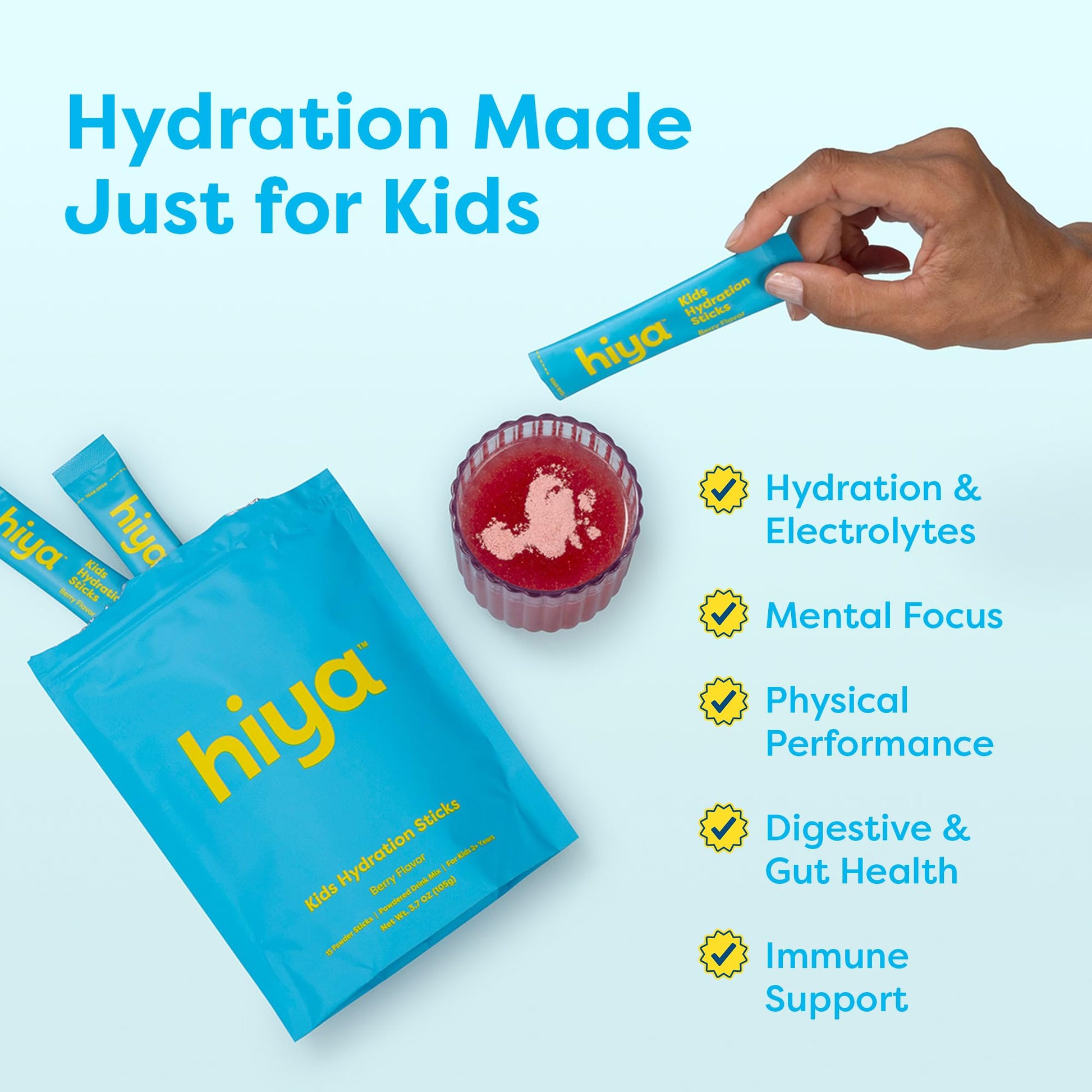 Hiya Kids Hydration with Electrolytes - Zero Added Sugar Berry Flavored Kids Hydration Packets - 15 Sticks - Travel-Friendly Drink Mix for Children Ages 2+ HIYA Au supplements