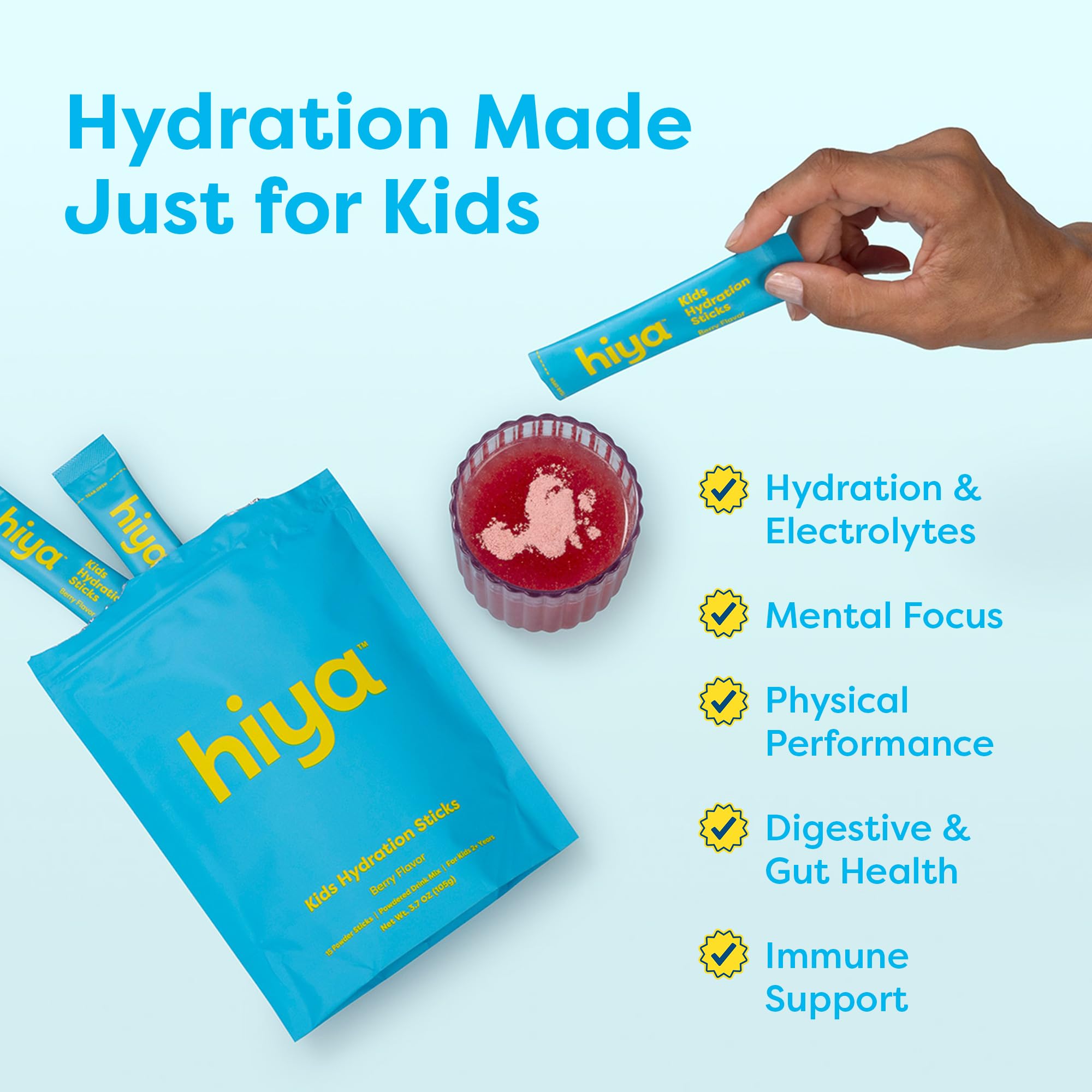 Hiya Kids Hydration with Electrolytes - Zero Added Sugar Berry Flavored Kids Hydration Packets - 15 Sticks - Travel-Friendly Drink Mix for Children Ages 2+ HIYA Au supplements