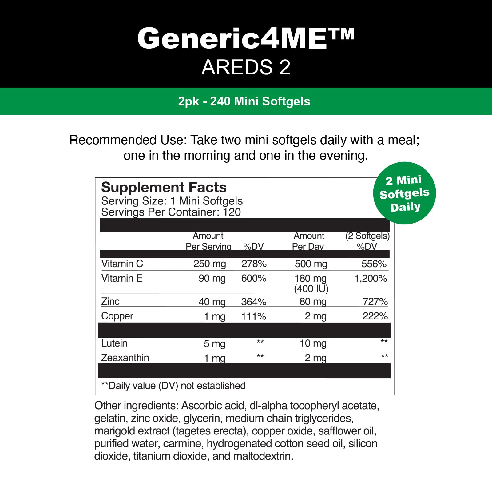 Generic4ME AREDS 2 SoftGels, 500 mg Vitamin C, 400 IU Vitamin E, 10 mg Lutein, 2 mg Zeaxanthin, 80 mg Zinc, 2 mg Copper - Supports Eye Health - 240 Mini SoftGels (Four Month Supply) Generic4ME Au supplements