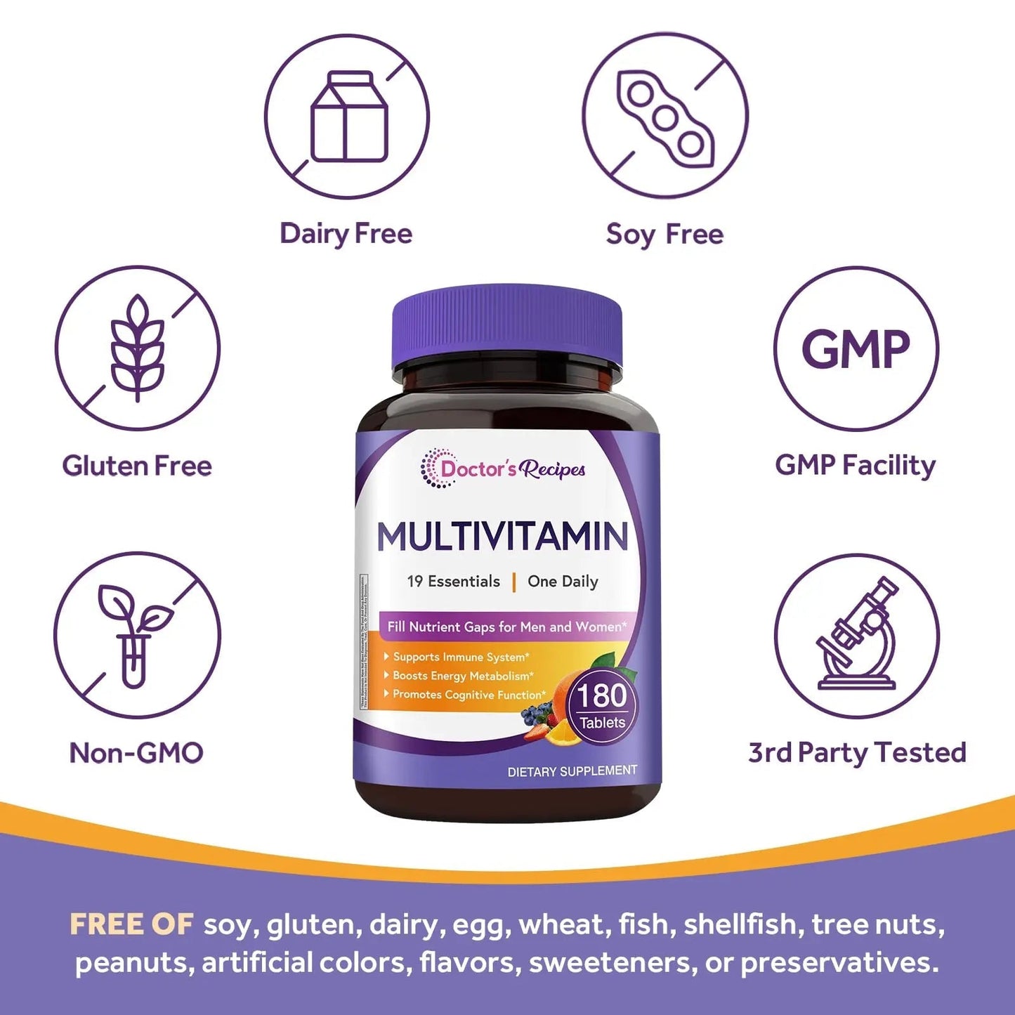 Doctor's Recipes Multivitamin for Women & Men, Immune, Energy & Brain Health Support, Vitamin A, C, D3, E, B6, B12, Folic Acid Doctor's RecipesUS supplements