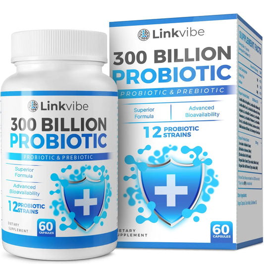 Probiotic 300 Billion CFU - 12 Strains with Organic Prebiotics for Digestive & Gut, Immune, Bloating Health - Probiotics for Women and Men - Daily Dairy Free, Shelf Stable - 60 Counts LinkvibeAU supplements