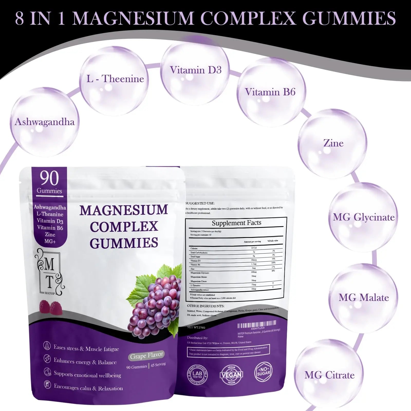 MATOP Magnesium Complex for Women Gummies - 8 in 1 Triple Magnesium Complex (Glycinate, Malate, Citrate) with L-Theanine, Ashwagandha, Vitamin D3, B6 & Zinc - Stress, Calm & Focus - 90 Vegan Gummies MATOP Au supplements