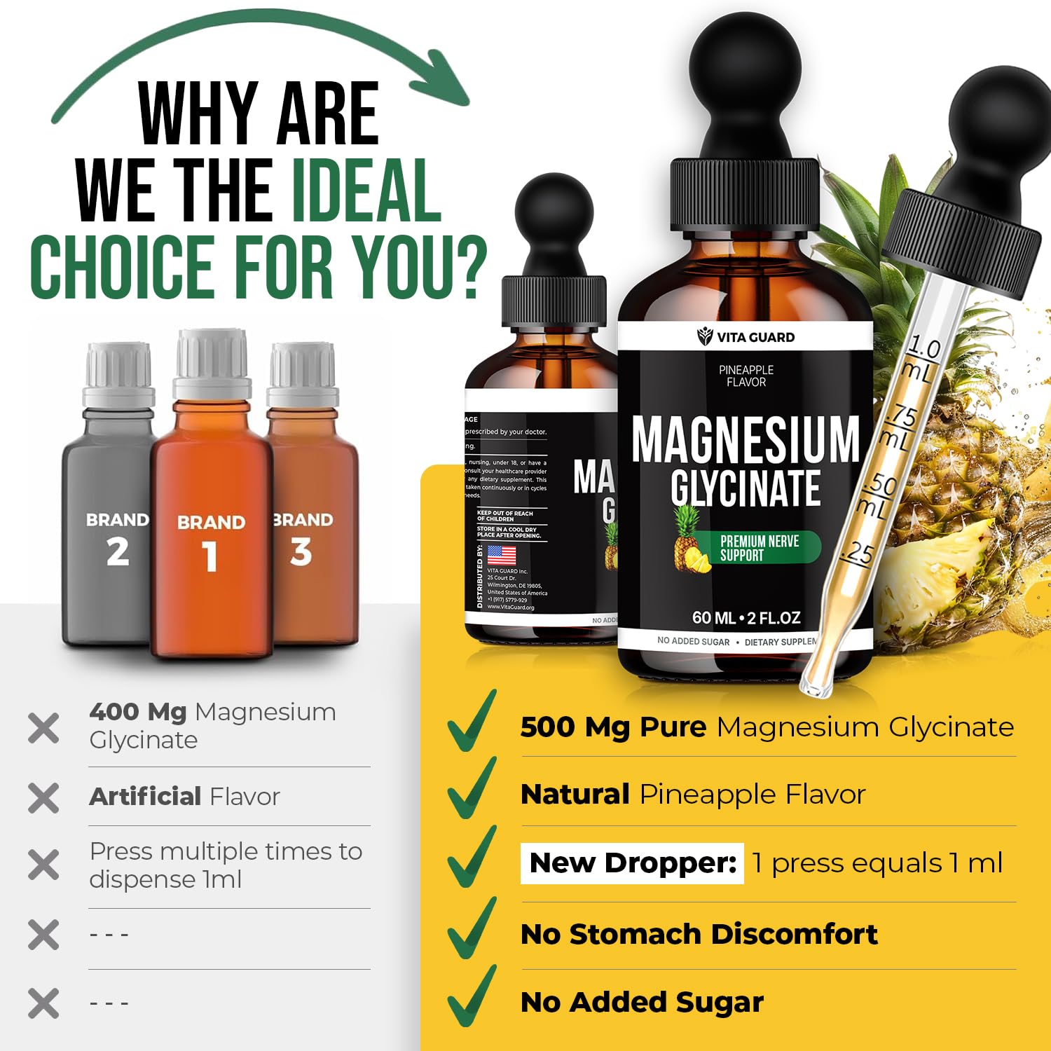 Magnesium Glycinate 500mg Liquid Drops – Sugar-Free Magnesium Supplement, Vegan Formula, 60 mL Flavor Pineapple Vita Guard Au supplements