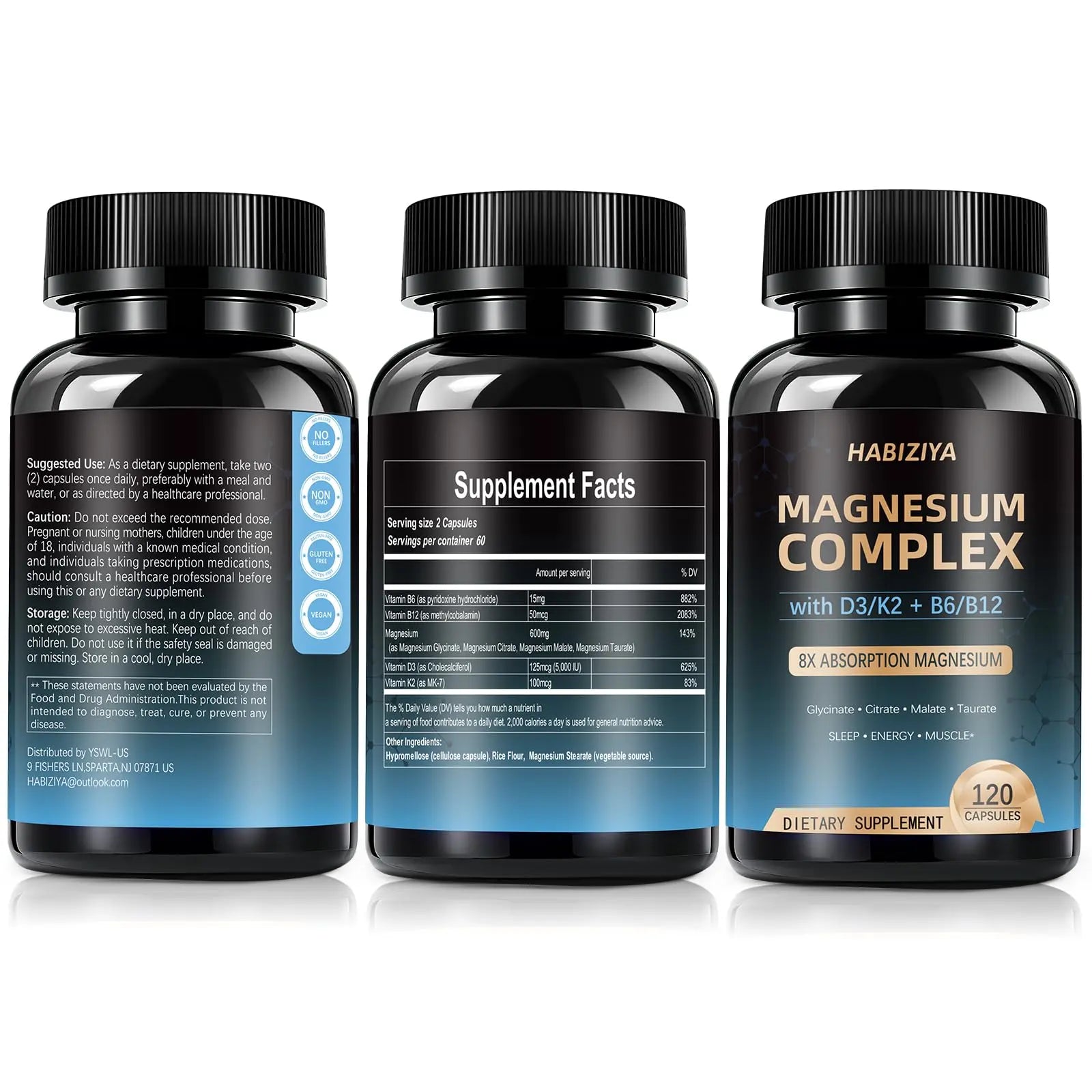Magnesium Complex Supplement 600mg with with D3 K2 MK7 & B Vitamins High Absorption Capsules with Glycinate, Citrate & Malate,Taurate Relaxation,Muscle,Heart Support, Vegan 120 Capsules HABIZIYA Au supplements