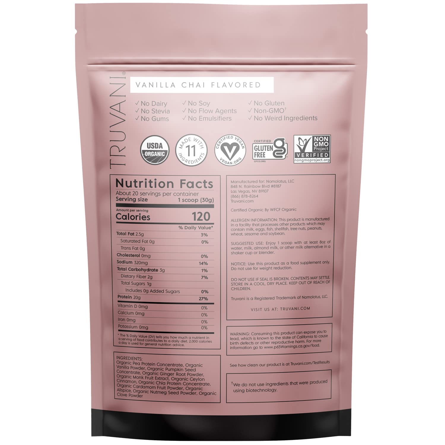 Truvani Organic Vegan Protein Powder Vanilla Chai - 20g of Plant Based Protein, Organic Truvani Au supplements
