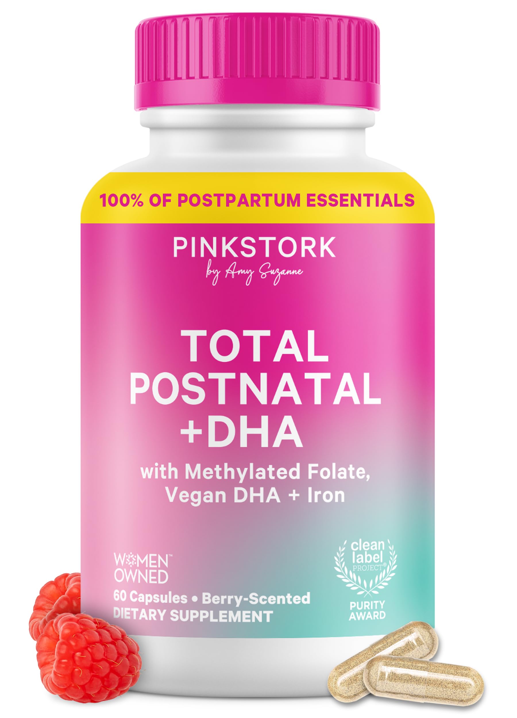 Pink Stork Total Postnatal Vitamins for Women | Vegan DHA, Iron, Folate, B12 | Postpartum Recovery Essentials | Lactation Support for Breastfeeding Moms | Third-Party Tested - 60 Capsules, Berry Pink Stork Au supplements