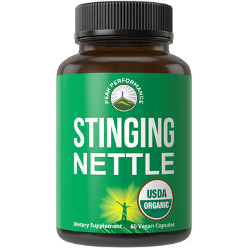 USDA Organic Stinging Nettle Vegan Capsules Made with Stinging Nettle Leaf Powder for Prostate, Hair Growth, Allergy. Better Than Root or Seed Extract. Plant Based Herb Supplement Tablets, 60 Pills Peak Performance Au supplements