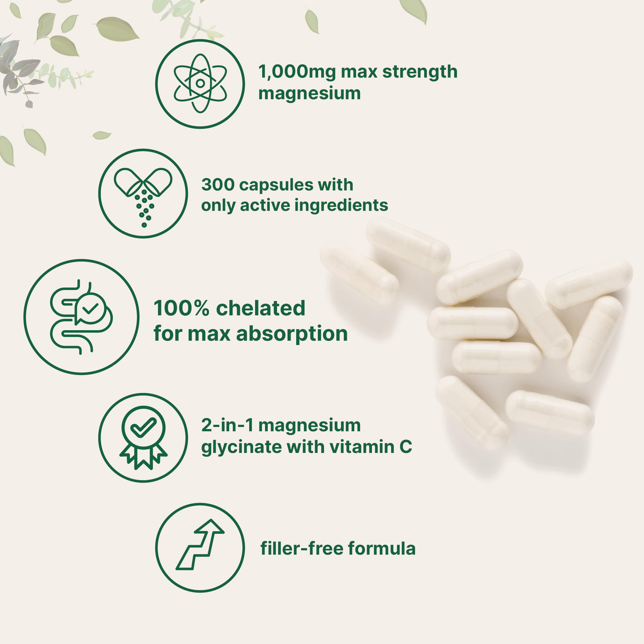 Pure Magnesium Glycinate 1,000mg, 300 Capsules | 100% Chelated for Max Absorption | Enhanced with Vitamin C | Only Uses Active Ingredients Micro Ingredients Au supplements