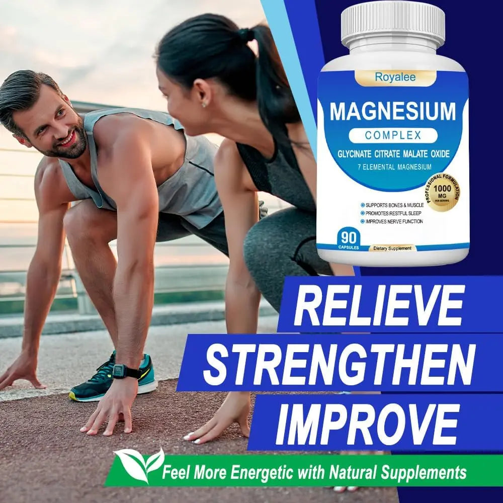 Magnesium Complex Supplement - 1000mg with 7 Magnesium Forms Including Glycinate, Citrate, Malate, Taurate & Orotate - Supports Relaxation, Muscle Function & Bone Strength - 90 Capsules Royalee Au supplements