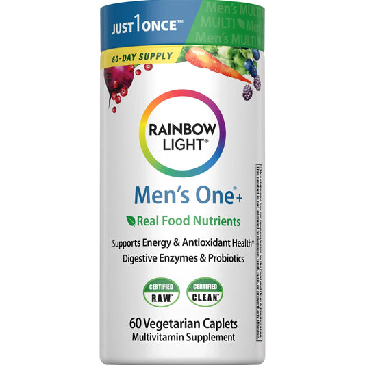 Rainbow Light Mens Multivitamin One + | 60 Caplets | Supports Energy & Antioxidant Health | with Real Food Nutrients, Digestive Enzymes & Probiotics Rainbow LightAU supplements
