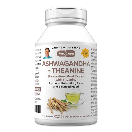 ANDREW LESSMAN Ashwagandha + Theanine 30 Capsules - Standardized Extract. Promotes Relaxation, Focus and Balanced Mood. Small Easy to Swallow Capsules ANDREW LESSMANAU supplements