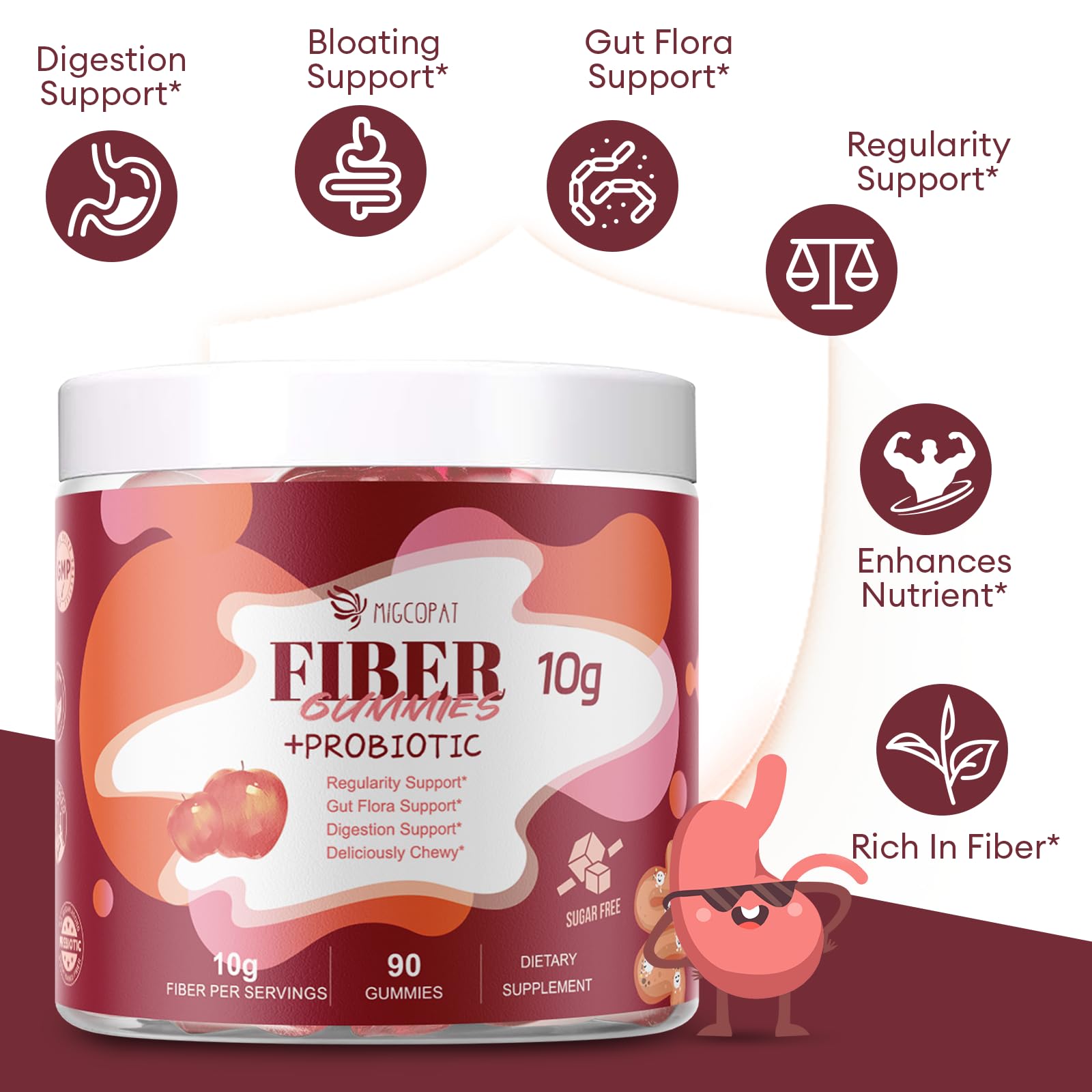 Migcopat Fiber Gummies with Probiotics,10G Fiber per Serving No Sugar Added Apple Flavor, with 10 Billion CFU Probiotics Blend, Apple Cider Vinegar, Vitamin C, Inulin, Bloating Support 90 Count Migcopat Au supplements