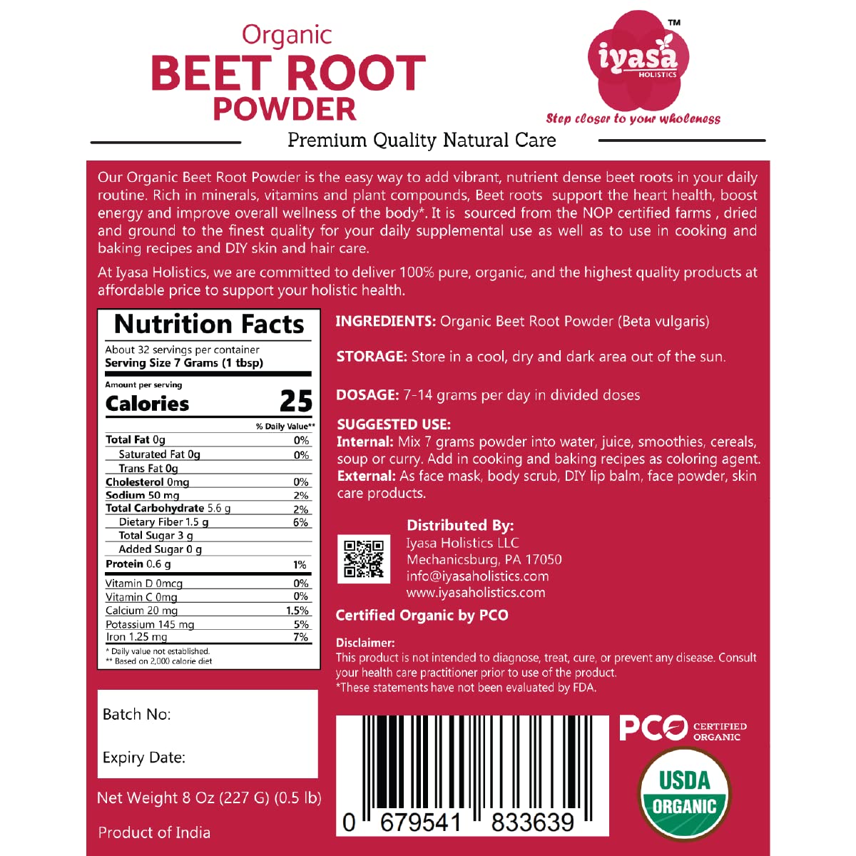Iyasa Organic Beet Root Powder, Plant Based, Vegan, Gluten-Free, Beetroot Superfood Iyasa Holistics Au supplements