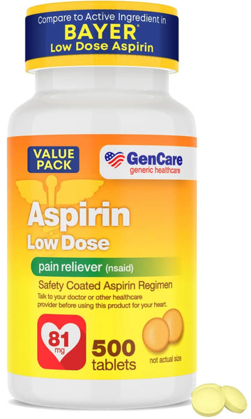 GenCare - Low Dose Aspirin 81mg for Adults Coated (NSAID) 500 Tablets | Adult Low Dose | Enteric Coated Aspirin Pills | Muscle Pain & Menstrual Pain Relief | Fever Reducer | Generic Bayer GenCare Au supplements