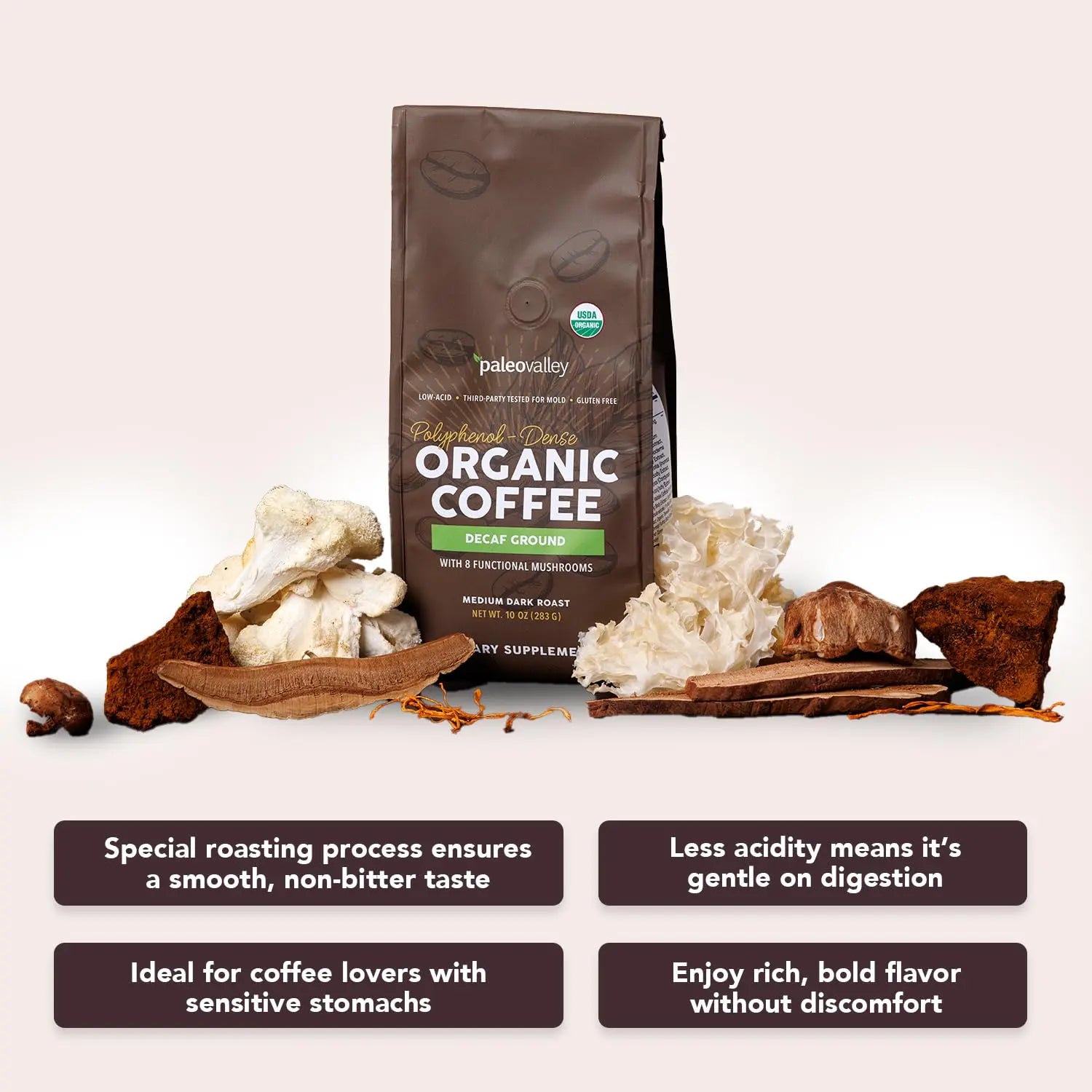 Paleovalley Organic Ground Coffee, 10oz - Decaf, Low Acid, Single-Origin, Polyphenol-Rich, Infused with Mushrooms Paleovalley Au supplements