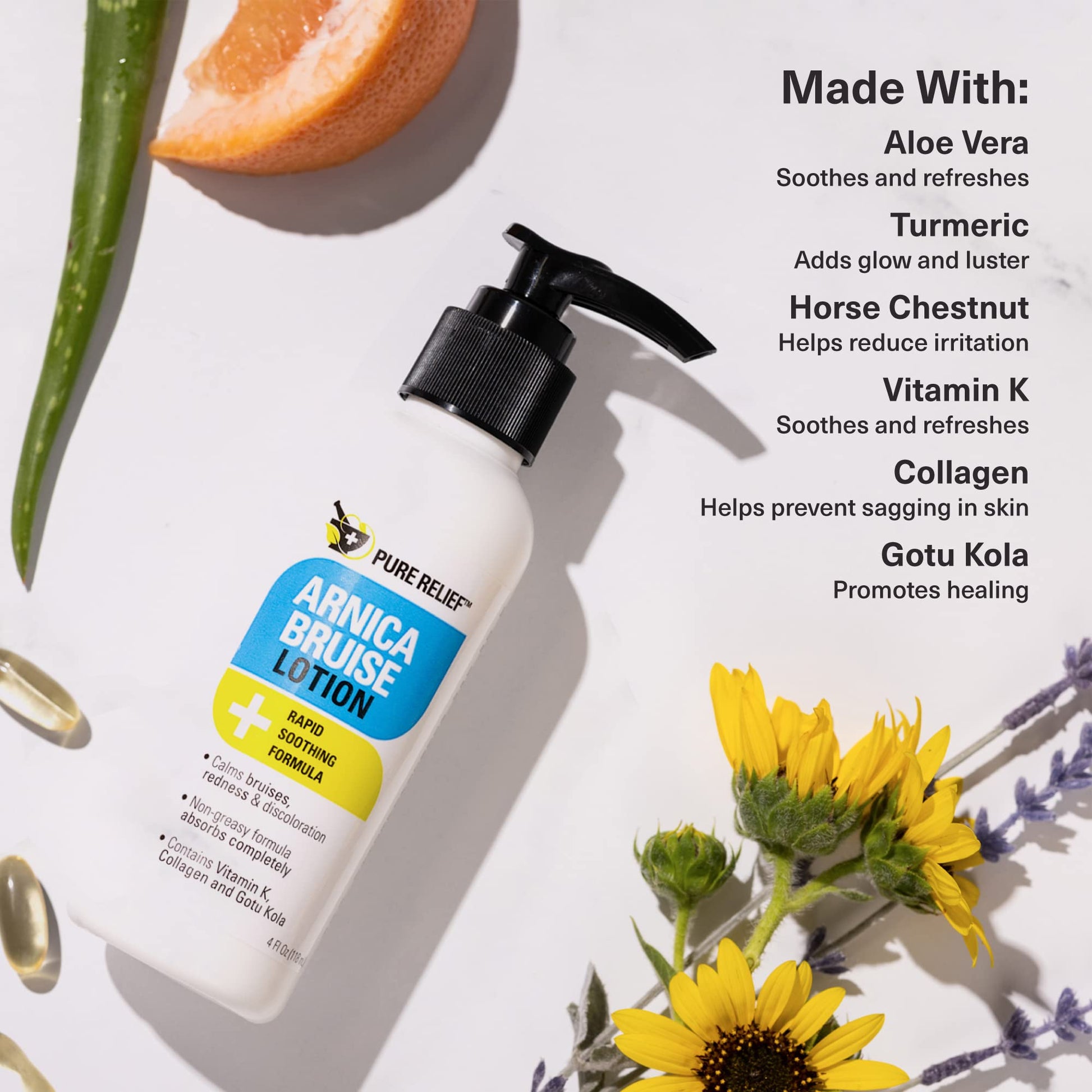 Pure Relief Arnica Bruise Relief Lotion for Bruising, Swelling, & Discoloration On Skin, Natural Skin Care Arnica Bruise Homeopathic Topical Bruise Cream W/Aloe Vera & Collagen, 4 Fl Oz (Pack of 3) Pure Relief Au supplements