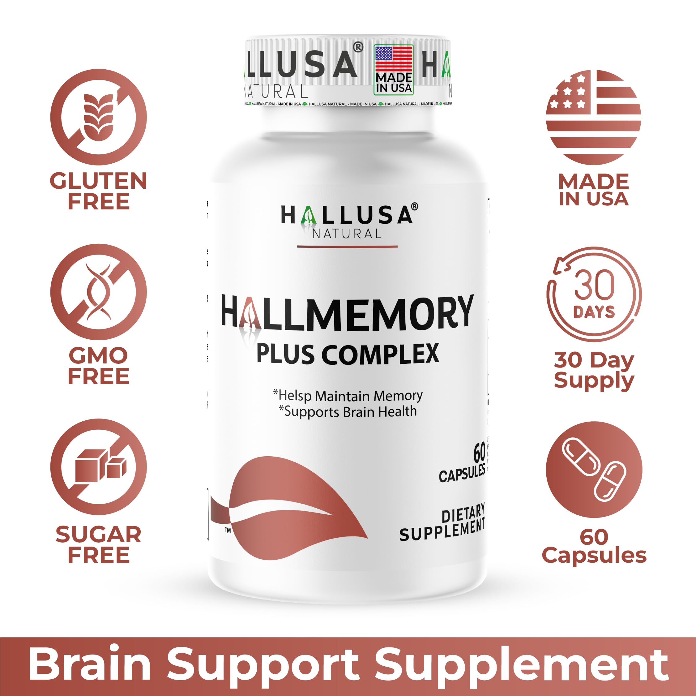 Hallusa Natural Brain Health Supplement Capsules 1680mg, Ginkgo Biloba, B Vitamins & Choline, Memory & Focus Support, Brain Booster for Men & Women, 60 Count Hallusa Natural Au supplements