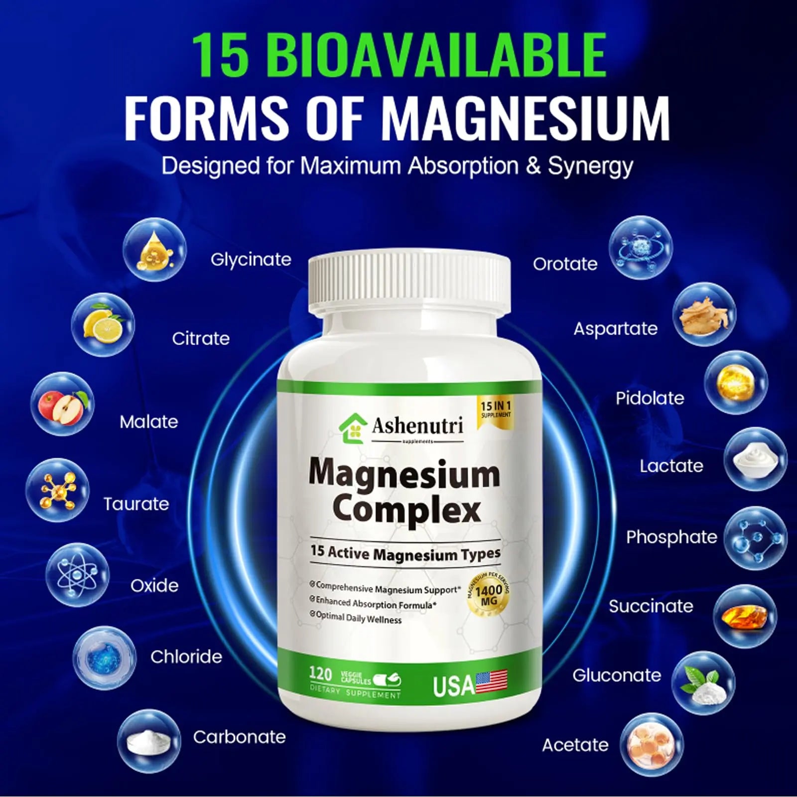 Magnesium Complex with 15 Types Magnesium Glycinate Citrate Malate Taurate Oxide Carbonate Chloride Orotate Magnesio Muscle, Heart, Relaxation & Nerves 120 Vegan Capsules, 60-Day Supply Ashenutri Au supplements