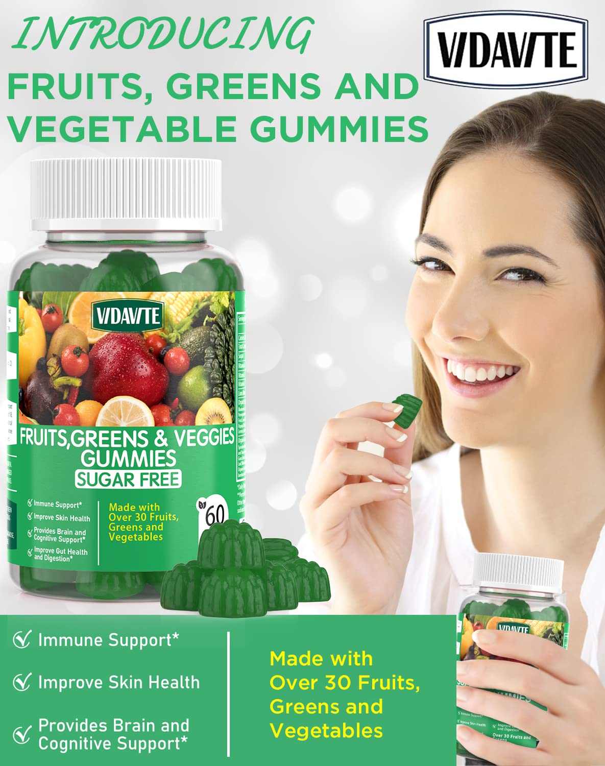 VIDAVITE Sugar-free Super Greens Gummies — US-Made, 35+ Fruit and Veggie gummies to Boost Immunity, Skin & Gut Health — Ideal Fruits and Vegetables Supplement for Adults & Picky Teens (30-Days Supply) VIDAVITE Au supplements