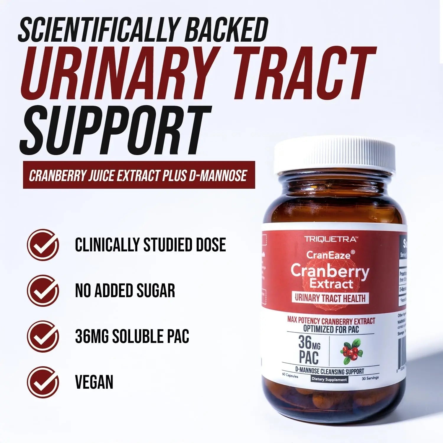 CranEaze®: Cranberry Juice Extract Plus D-Mannose – 36 mg PAC, 100% Soluble PAC - Supports Urinary Tract Health – Most Effective Cranberry Pills for Women, UTI Cranberry Supplement - 60 Capsules Triquetra Health Au supplements