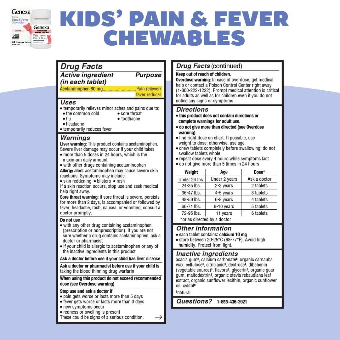 Genexa Kids' Clean Pain & Fever Acetaminophen Bundle | Relieves Fever & Minor Aches and Pain | Dye Free, 0% Artificial Additives | Chewable Tablets & Liquid Oral Suspension for Children Aged 2-11 Genexa Au supplements