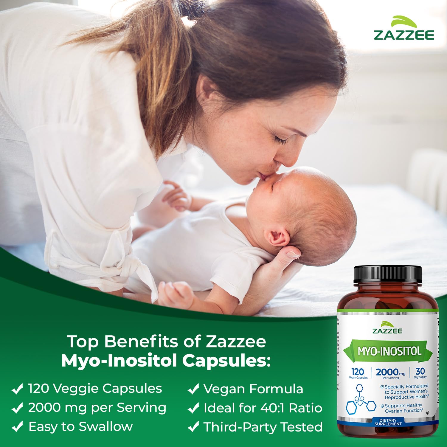 Zazzee Myo-Inositol Capsules, 2000 mg per Serving, 120 Vegan Capsules, Ideal Dosage for 40:1 Ratio, Certified Kosher, Hormone Balance & Healthy Ovarian Function Support, Non-GMO, Made in The USA Zazzee Au supplements