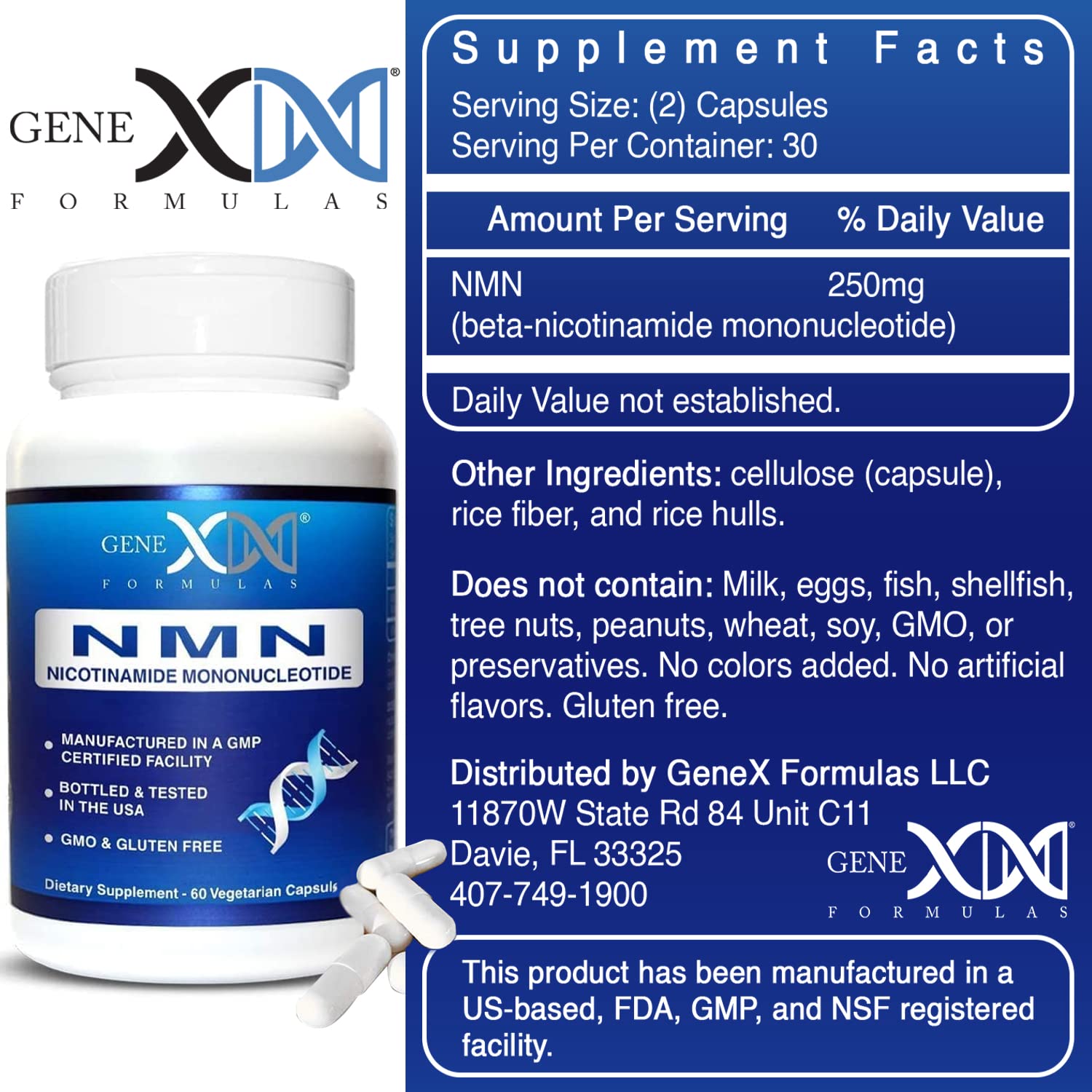 Genex Formulas NMN 250mg - Stabilized Form (60 Capsules), 99% Pure Supplement Capsules for Increased NAD Levels, DNA Repair, & Healthy Aging, GMP Certified Genex Formulas Au supplements