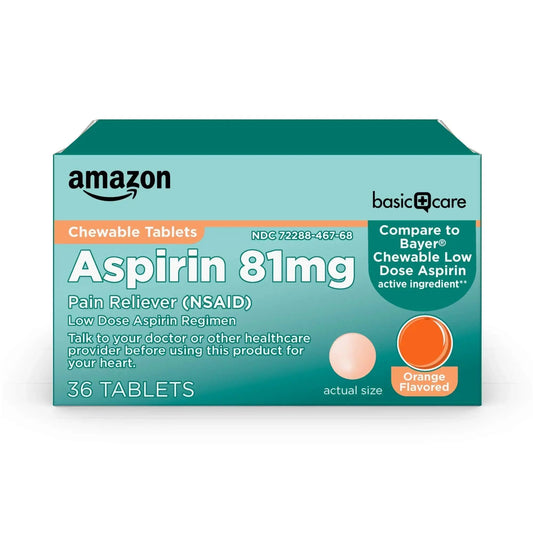 Amazon Basic Care Low Dose Aspirin 81 mg Chewable Tablets, Pain Reliever for Minor Aches, Orange Flavor, 36 Count Amazon Basic CareAU supplements