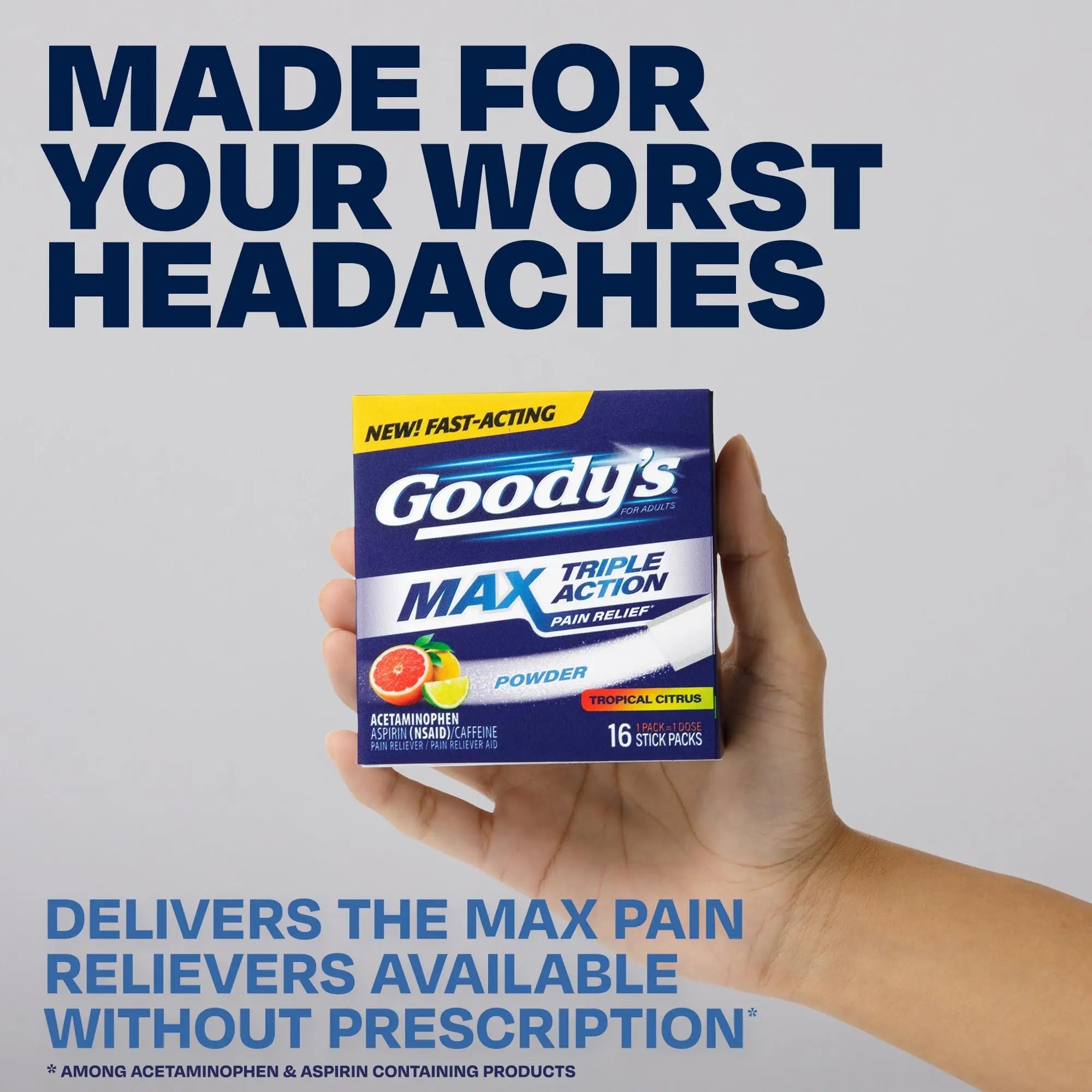 Goody’s Max Triple Action Pain Relief – Headache Relief Powder with Acetaminophen, Aspirin & Caffeine for Fast, Effective Relief of Tough Headaches, Tropical Citrus, 16 Count Goody's Au supplements