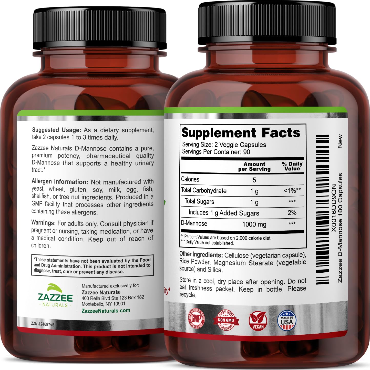 Zazzee D-Mannose, 1000 mg per Serving, 180 Vegan Capsules, 3 Month Supply, Potent Zazzee Au supplements
