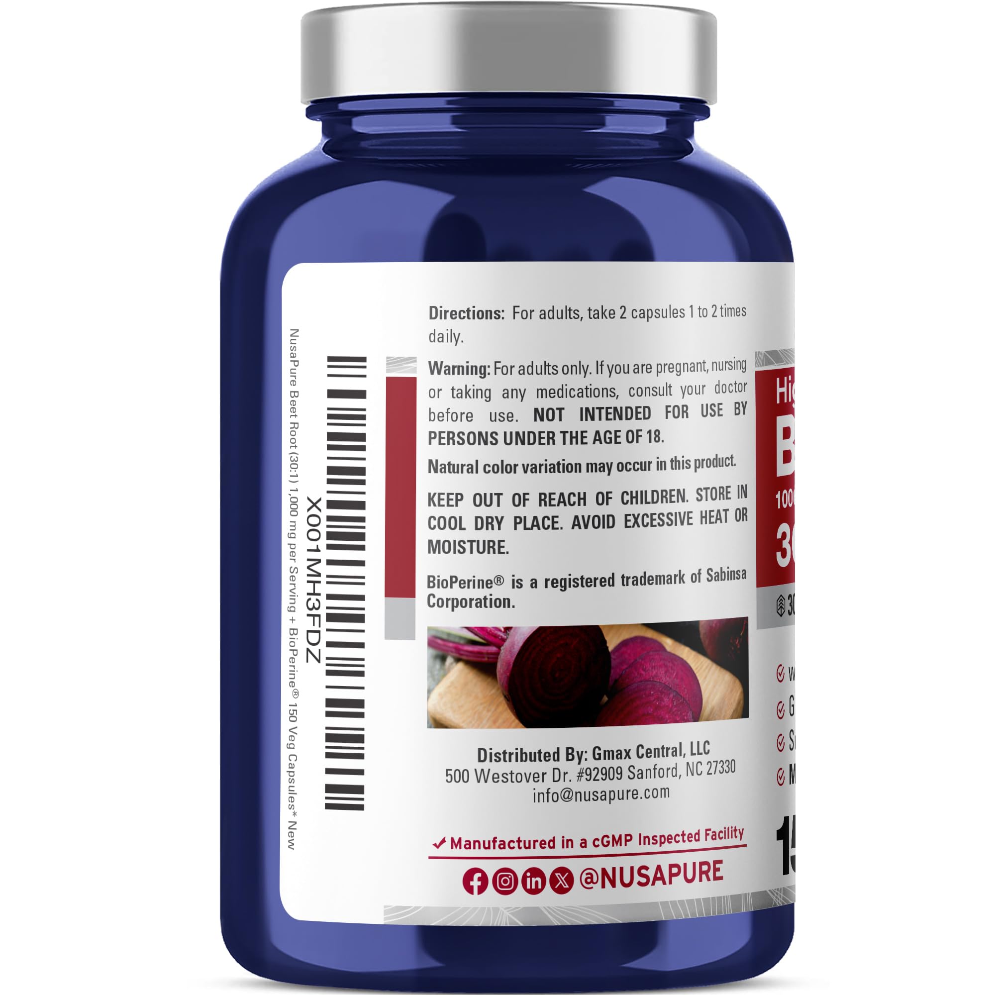 NusaPure Beet Root 30:1 Extract, 1000 mg Equivalent to 30,000 mg 150 Veggie caps (Vegan, Non-GMO & Vegan 4% Nitrates) Bioperine NusaPure Au supplements
