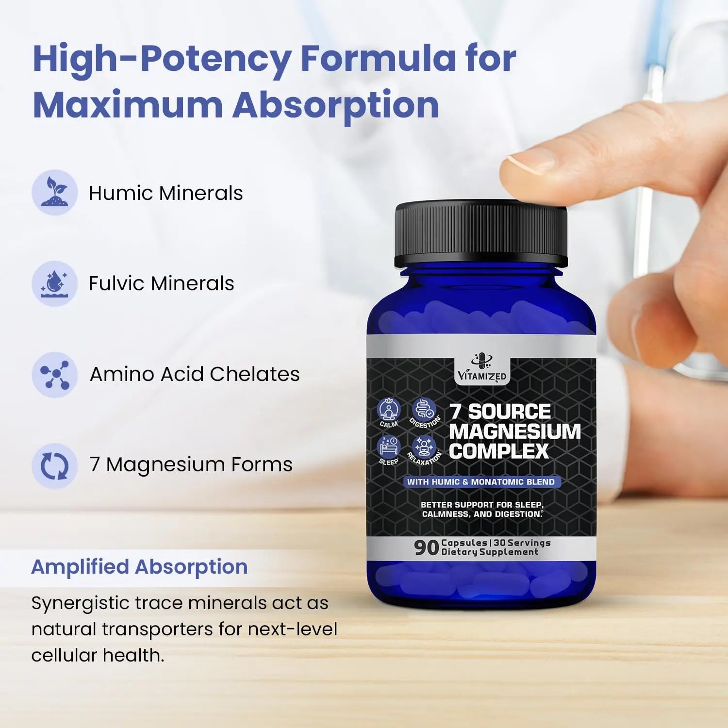 Magnesium Complex for Sleep, Relaxation, Digestion & Calm – Magnesium Glycinate, Citrate, Bisglycinate, Carbonate, Malate, Orotate, Taurate, + Humic/Fulvic for High Absorption - 90 ct. VITAMIZED Au supplements