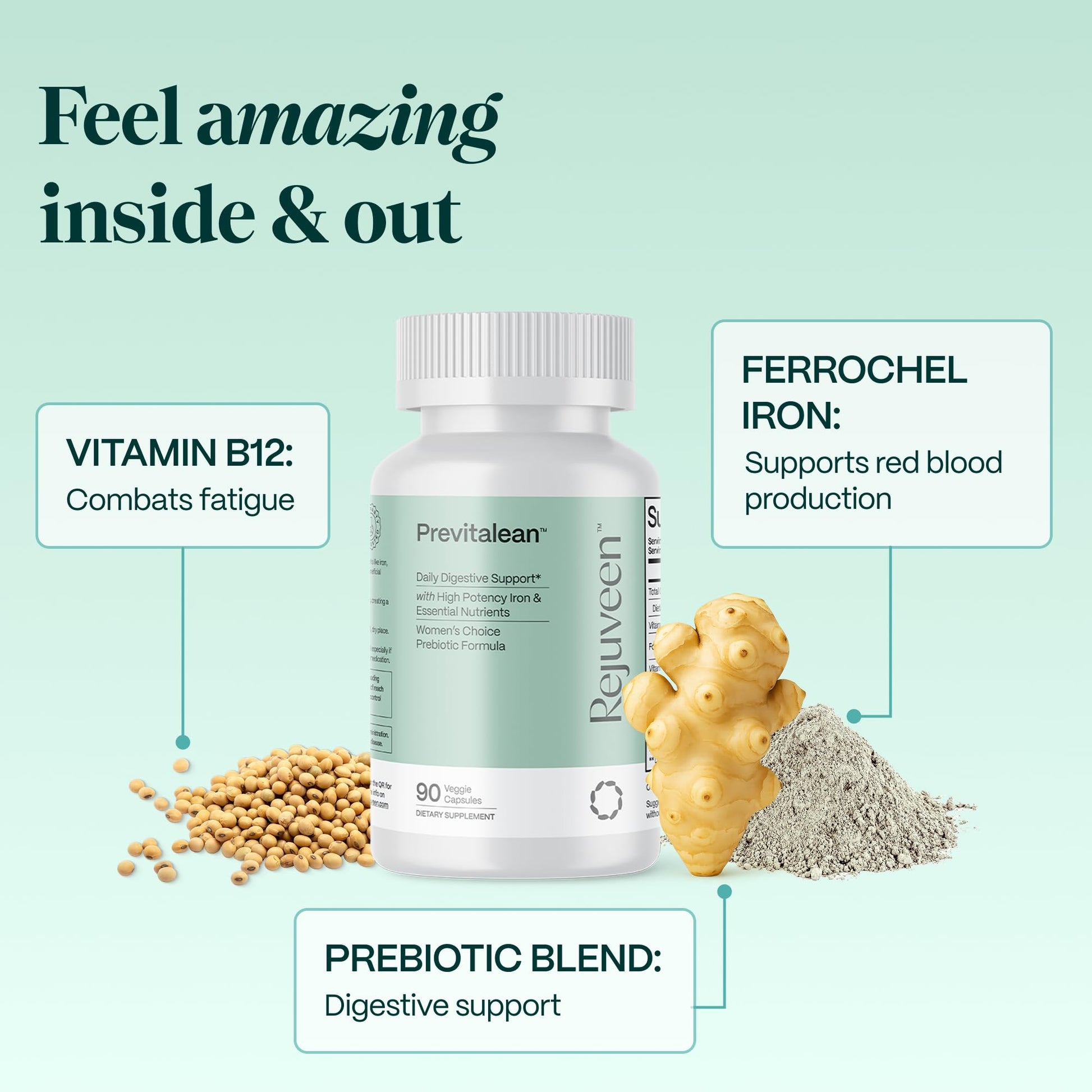 Rejuveen Previtalean | Prebiotic Fiber Supplement for Women | Supports Gut Health & Red Blood Cell Production | Contains Highly Bioavailable Iron, Folate & Vitamin B12 | 90 Ct, 30 Servings Rejuveen Au supplements