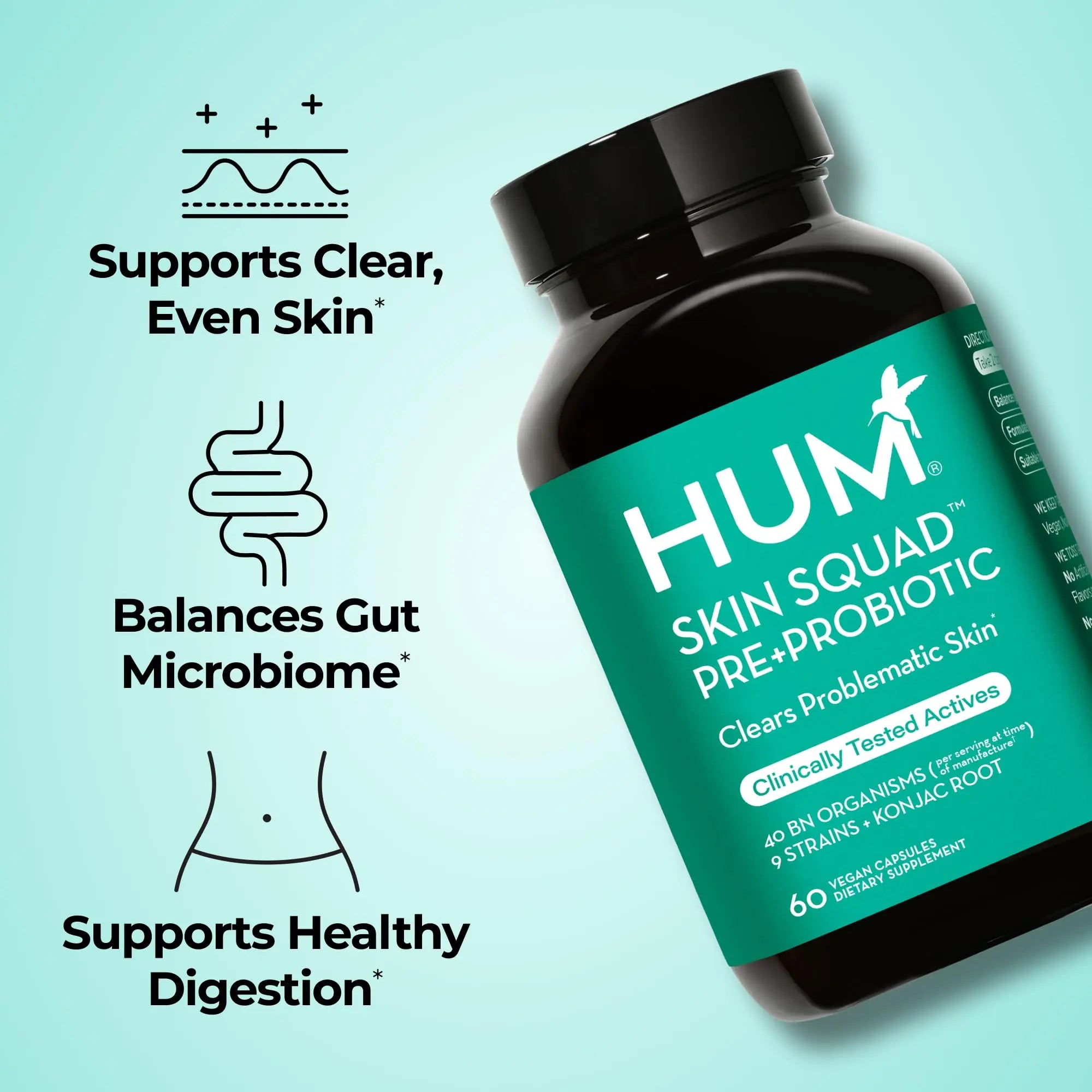 HUM Skin Squad Probiotics for Women and Men, Skin Care Supplement for Clear Complexion & Gut Health Support, Microbiome Prebiotic & Probiotic Supplement for Breakouts, Digestive Health, 60 Capsules HUM Au supplements