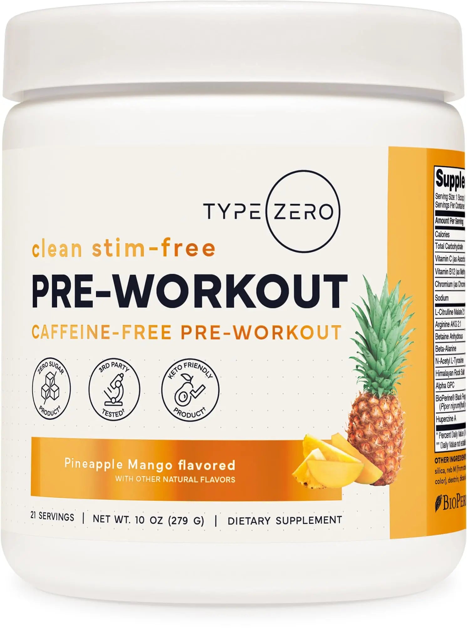 Type Zero Clean Stim Free Pre Workout Powder + Nitric Oxide Booster with L-Citrulline Malate, Arginine AKG, Beta Alanine - Caffeine & Stimulant Free - Pineapple Mango Flavor, 21 Servings Type Zero Au supplements