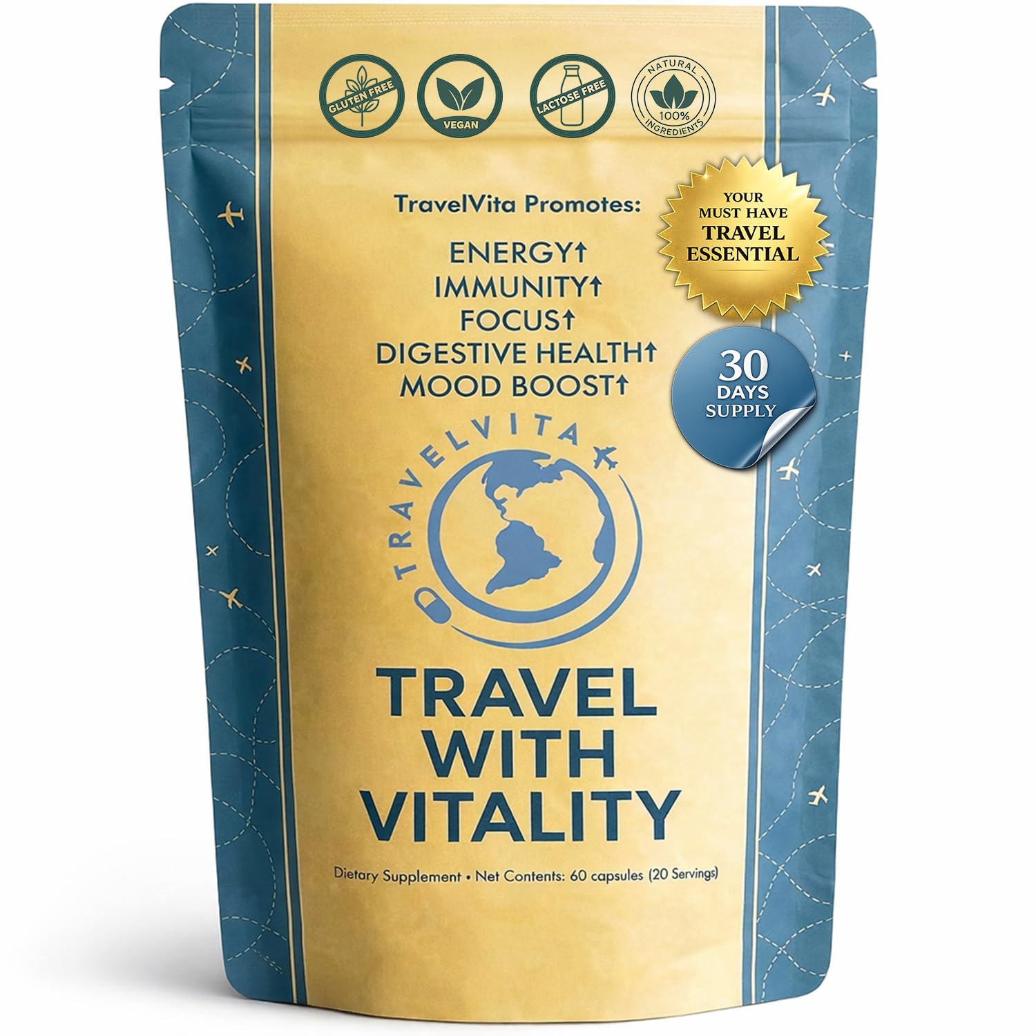 Natural Travel Pills - Traveling Supplement for Jet Lag Relief, Digestion, Immunity, Energy, Sleep, Circulation - Vacation and Long Flight Essentials for Men and Women - 30 Day Supply TravelVita Au supplements
