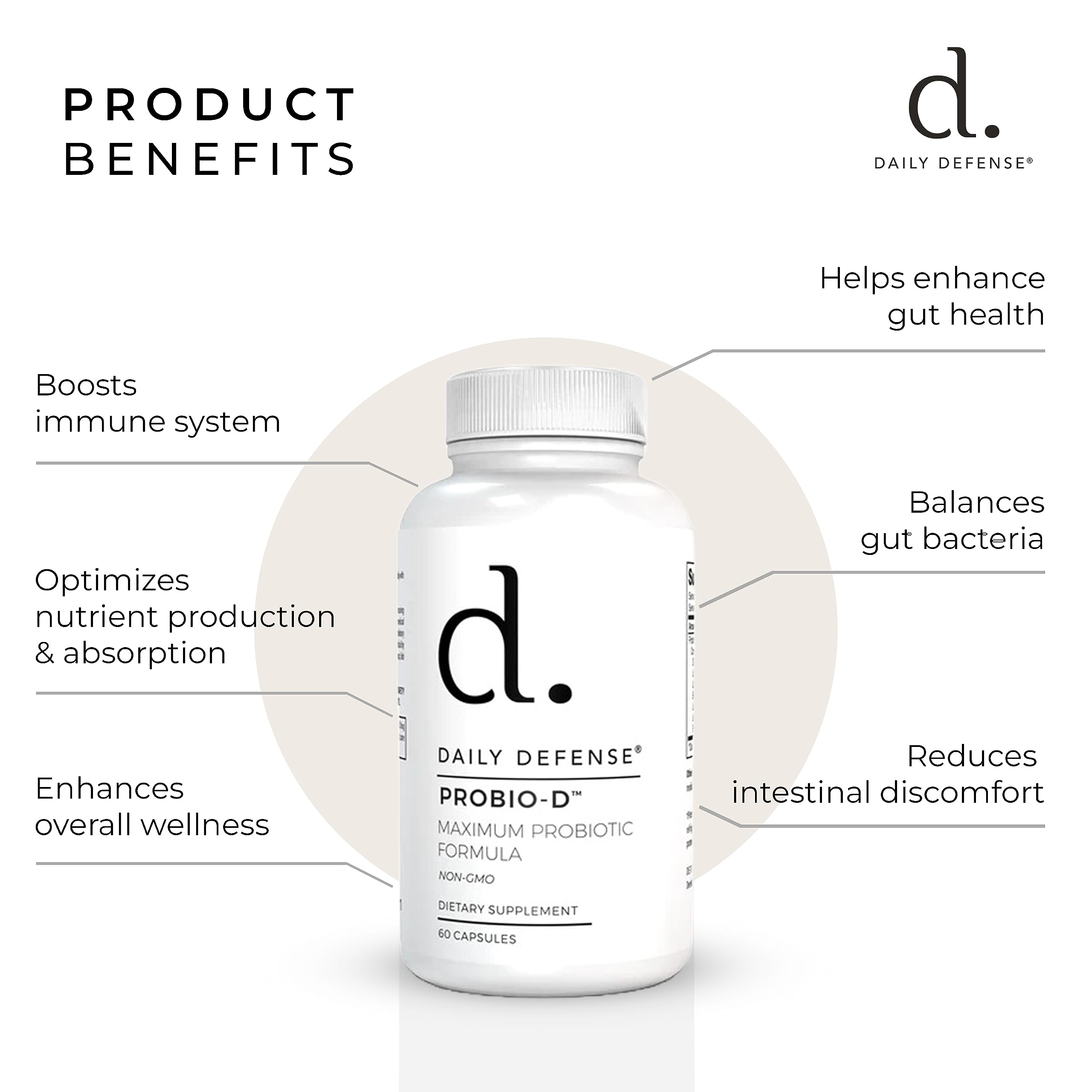 Daily Defense Probiotic Immune Support Supplement - Daily Probiotics for Men with Constipation & Gas - Digestion and Bloating Supplement & Probiotics for Women - 60 Capsules, PROBIO-D Daily Defense Au supplements