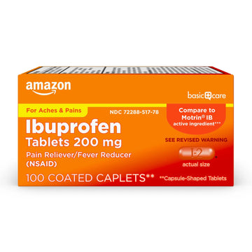 Amazon Basic Care Ibuprofen Tablets, 200 mg, Pain Reliever/Fever Reducer for Headache, Backache, Menstrual Pain and Body Aches, 100 Count Amazon Basic Care Au supplements