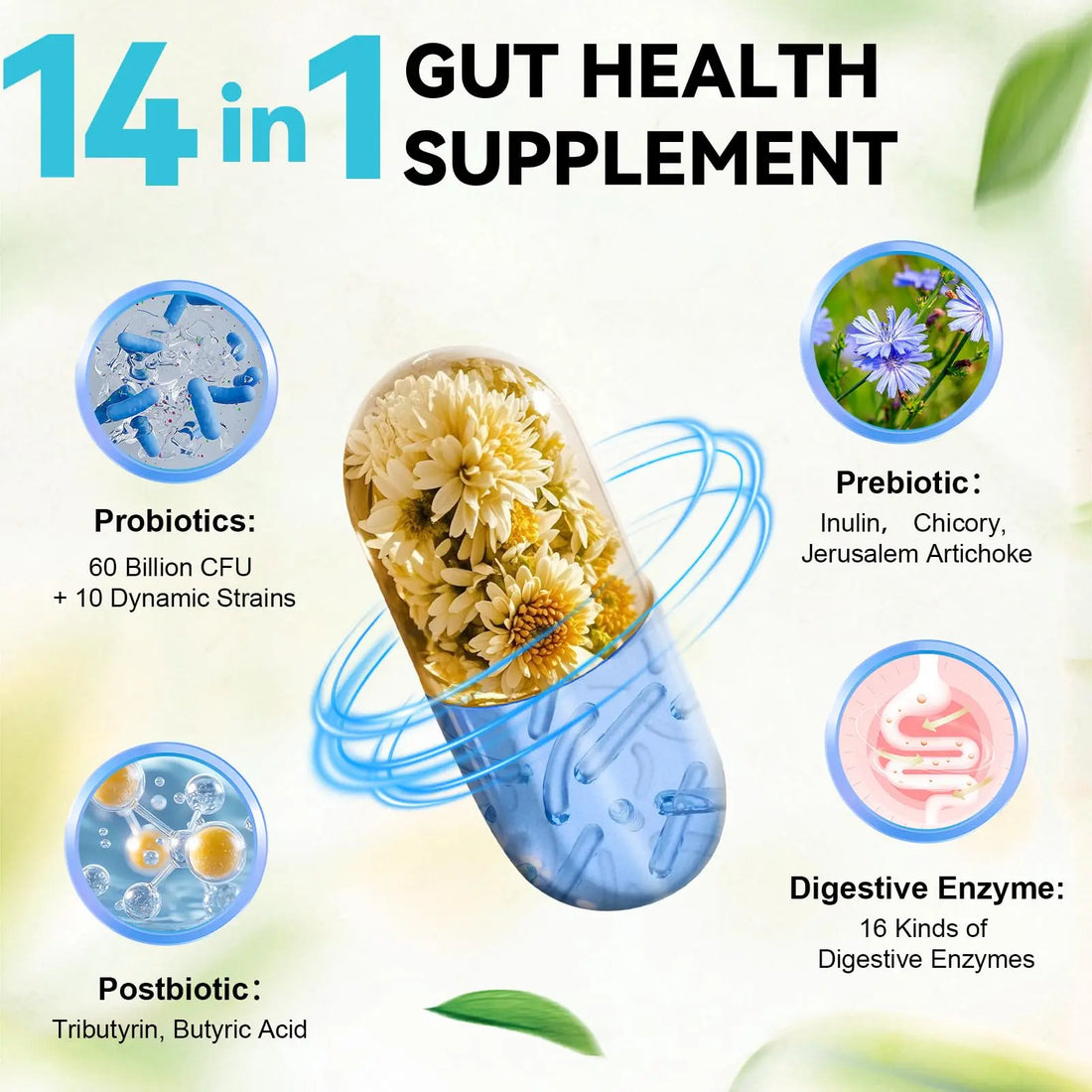 14-in-1 Gut Health with Probiotics, Prebiotics, Postbiotics & Digestive Enzymes for Women & Men, 60 Billion CFU Probiotics for Digestion, Strong Immunity, Totaria uk supplements
