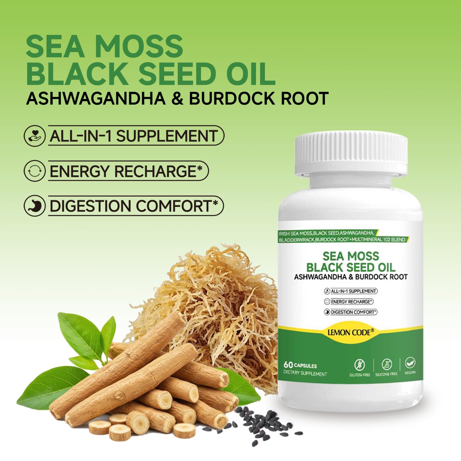LEMON CODE Sea Moss & Black Seed Oil Capsules with Burdock & Bladderwrack & Ashwagandha, Vitamin C&D,Natural Herbal Complex for Daily Balance, Energy & Digestive Support, Vegan, Non-GMO, 60 Capsules LEMON CODE Au supplements