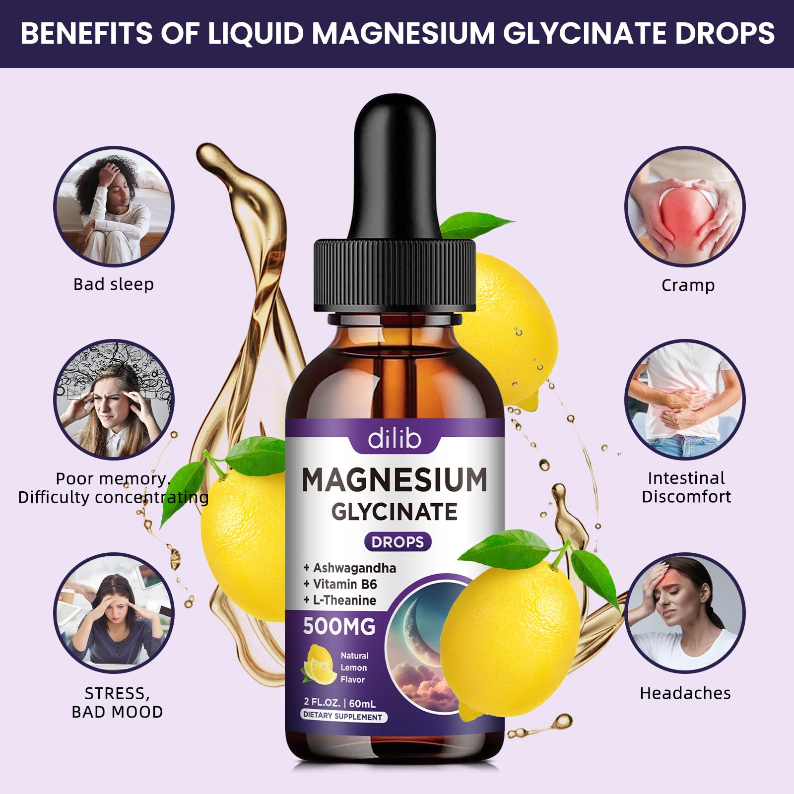 Magnesium Glycinate Supplement, Magnesium Liquid Drops with Magnesium Glycinate 500mg Vitamin B6, Ashwagandha, L - Theanine, Chamomile -Support Stress Relief, Bone, Muscle, Mood Vegan dilib Au supplements