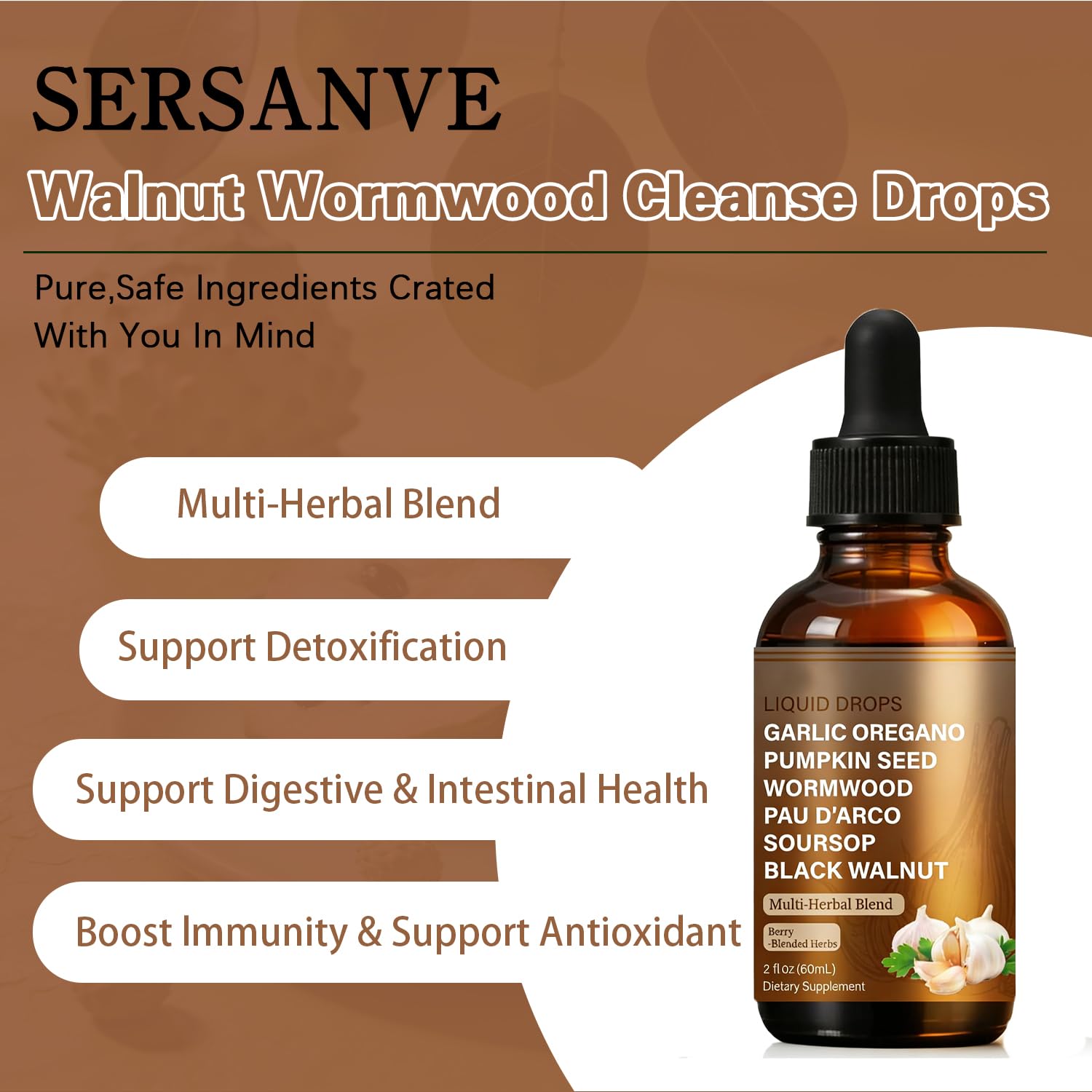 SERSANVE Natural Black Walnut Wormwood Gut Cleanse | Black Walnut Clove Drops with Pumpkin Seed, PAU D’Arco, Soursop, Garlic and Oregano | Vegan, Alcohol-Free Formula for Digestion Support, 2 fl oz SERSANVE Au supplements