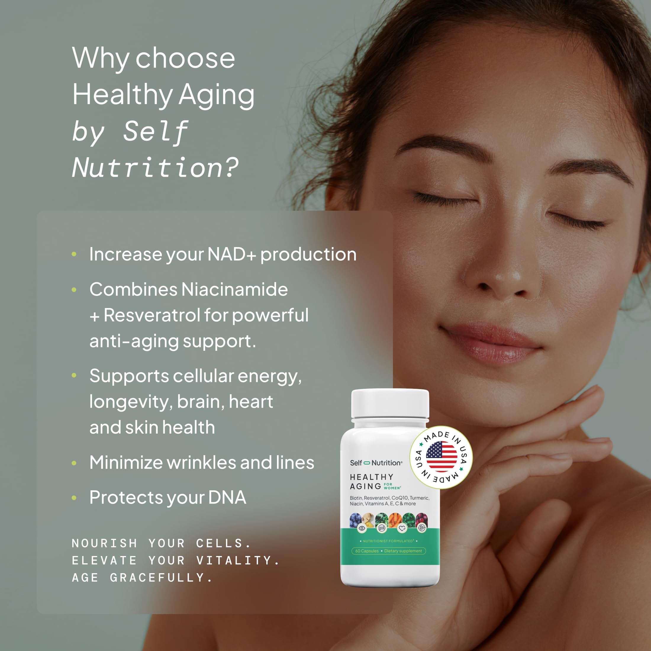 SELF NUTRITION NAD+ Resveratrol Supplement for Women – Healthy Aging Formula with CoQ10, Biotin, Turmeric & Vitamins A, C, E – Supports Energy, Skin & Longevity – 60 Capsules. Made in USA. SELF NUTRITION Au supplements
